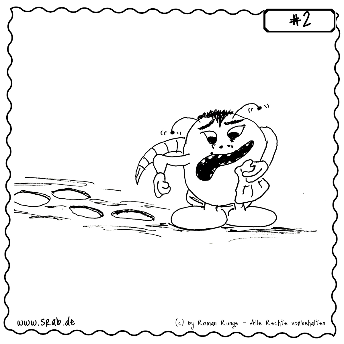 Ein trauriger Srab mit hängendem Blick steht am Wegesrand. In der Hand hält er ein zerknülltes Taschentuch, seine Antennen hängen schlaff. Die Szenerie wirkt wie ein Abschied oder ein Verlustmoment – still und bewegend.