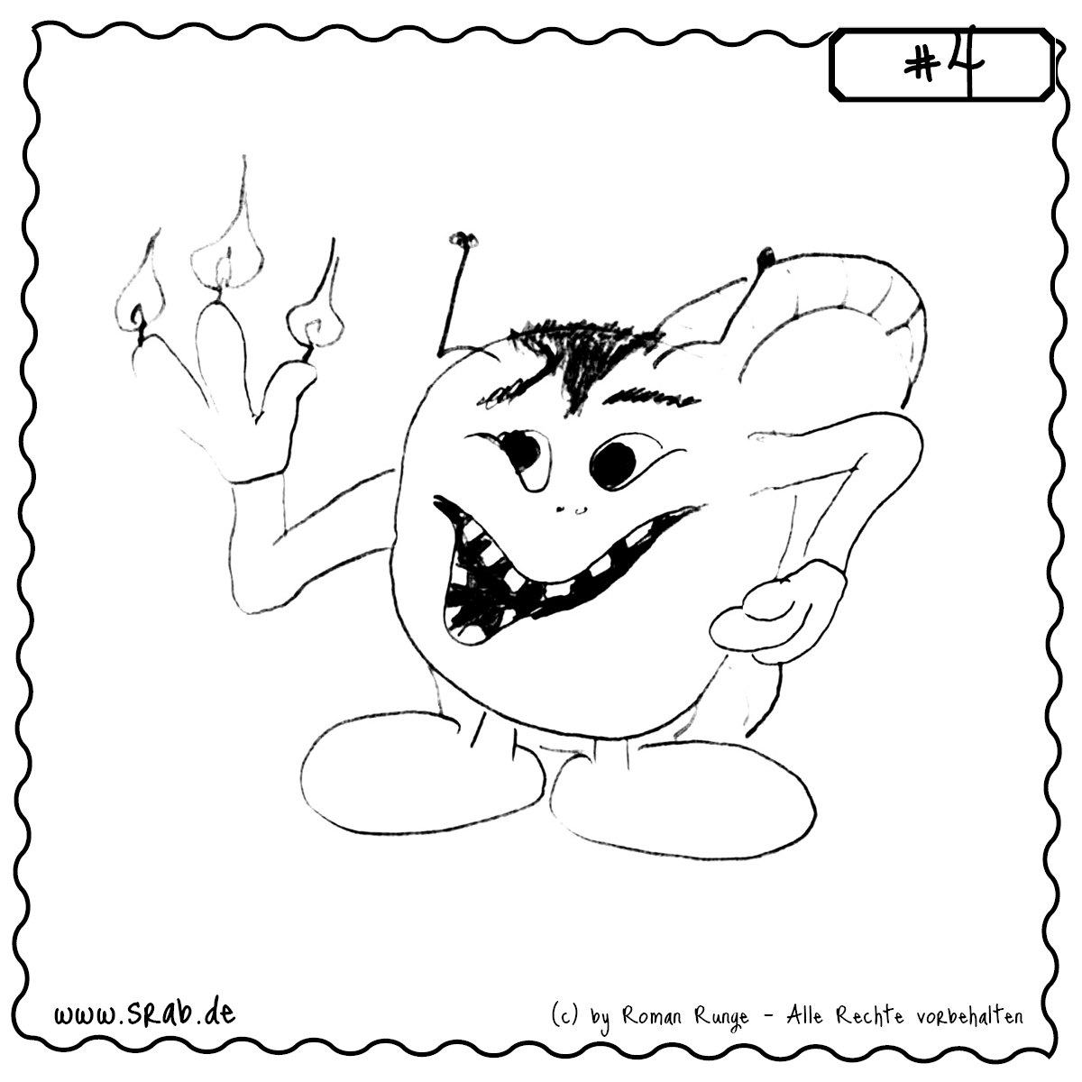 Ein Srab lächelt stolz und hält seine Hand hoch – drei seiner Finger brennen wie Kerzen. Eine verspielte, leicht verrückte Hommage an die Adventszeit – kreativ und ein wenig durchgeknallt.