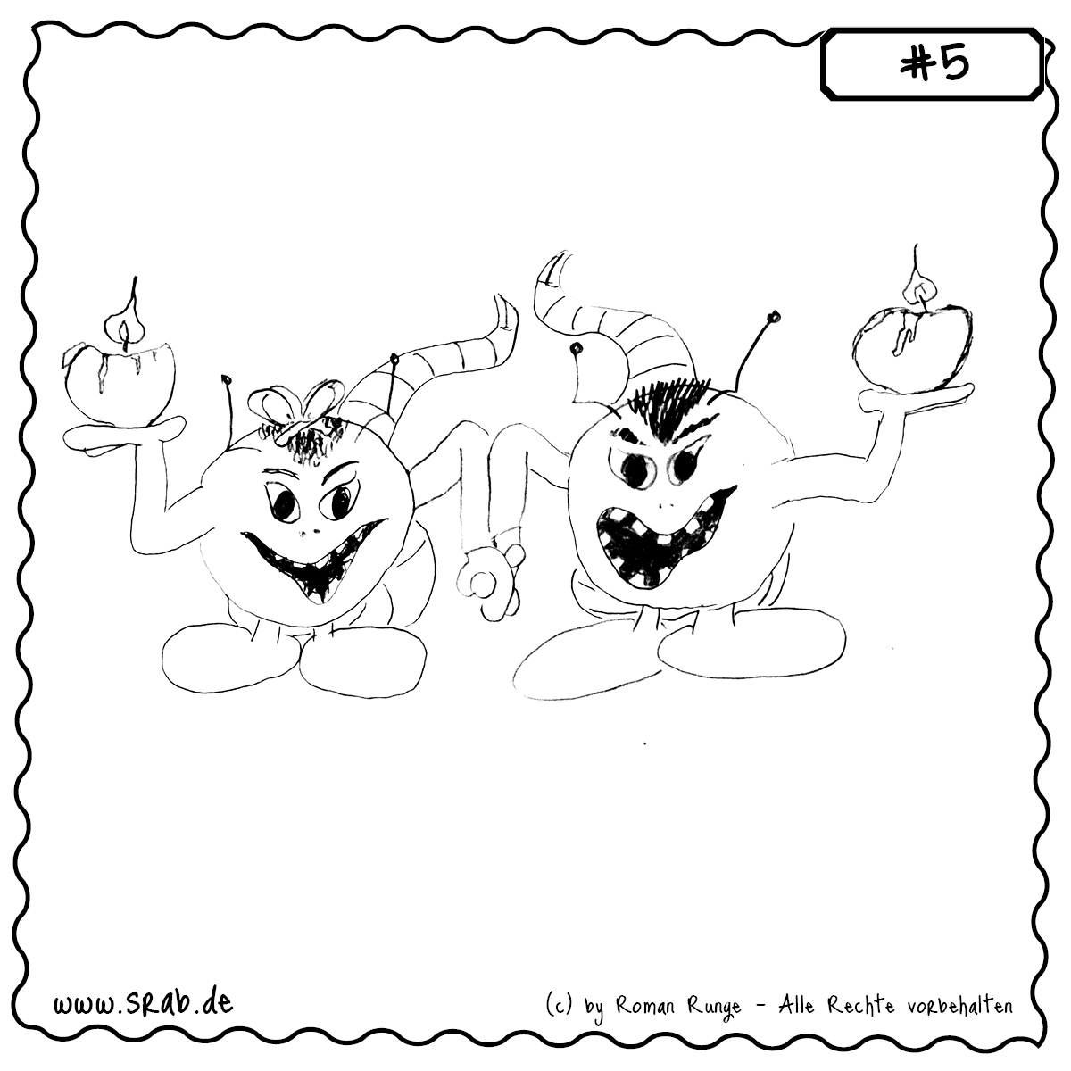 Srab #5 – Srab Duo Zweiter Advent 1 Zwei Srabs stehen Seite an Seite, halten sich an den Händen und präsentieren stolz je eine brennende Kugelkerze. Die Szene symbolisiert den zweiten Advent – Wärme, Licht und Zusammenhalt strahlen aus ihren Gesichtern. Einer der beiden trägt eine Schleife – ein charmantes Detail in einem liebevoll gezeichneten Duo.