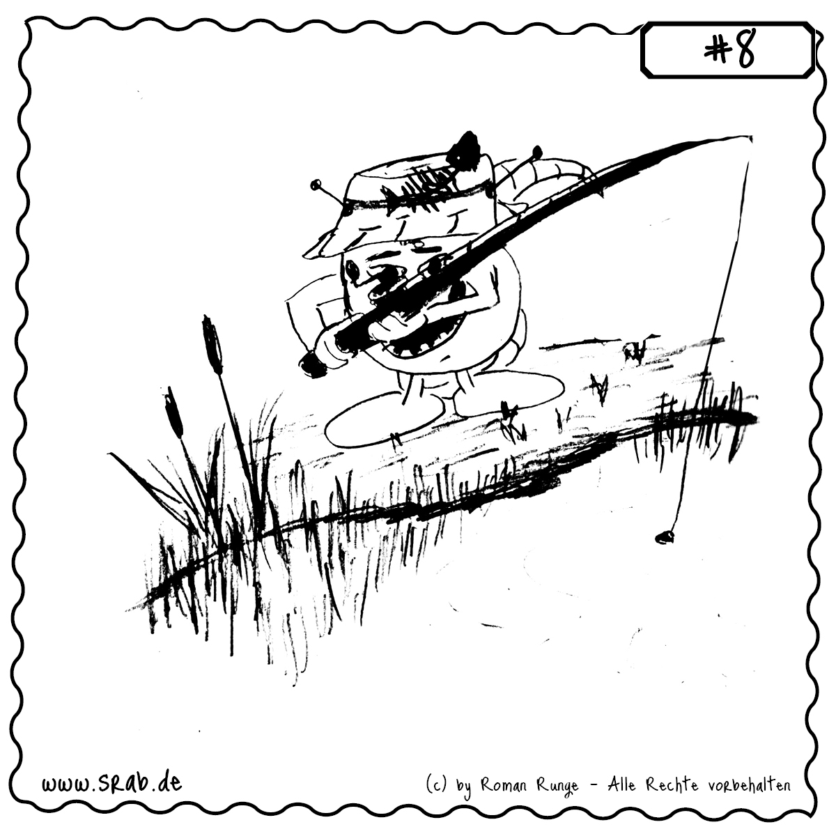 Srab #8 – Angelnder Srab Am Teich 1 Ein Srab mit Anglerhut steht konzentriert am Ufer eines kleinen Teiches. Die Angel ist ausgeworfen, die Umgebung naturverbunden mit Schilfgras und ruhigem Wasser. Ein Bild voller Entschleunigung – ein Srab beim klassischen Hobbyangeln.