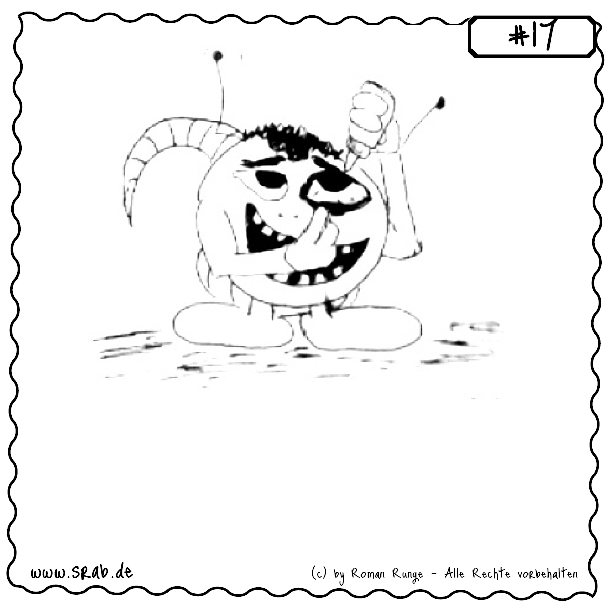 Srab #17 – Srab Mit Augentropfen 1 Ein Srab kniet am Boden, hält sich ein Auge und zielt mit konzentriertem Blick eine Flasche Augentropfen in Richtung seiner Pupille. Die Antennen wackeln leicht – das Ganze wirkt ernsthaft, aber auch irgendwie komisch. Der perfekte Alien-Patient beim Selbstversuch.