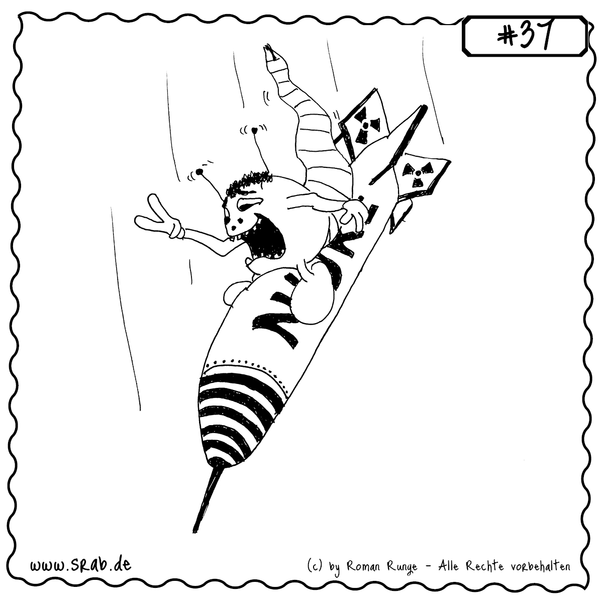 Srab #37 – 0259 Riding The Bomb Bombe Nuklear Verrueckt 1 Ein völlig verrückter Srab reitet lachend auf einer nuklearen Bombe durch die Luft. Mit erhobenem Peace-Zeichen und wehenden Antennen parodiert er das ikonische Bild aus der Filmgeschichte. Eine provokant-humorvolle Illustration im Stil von schwarzem Humor.