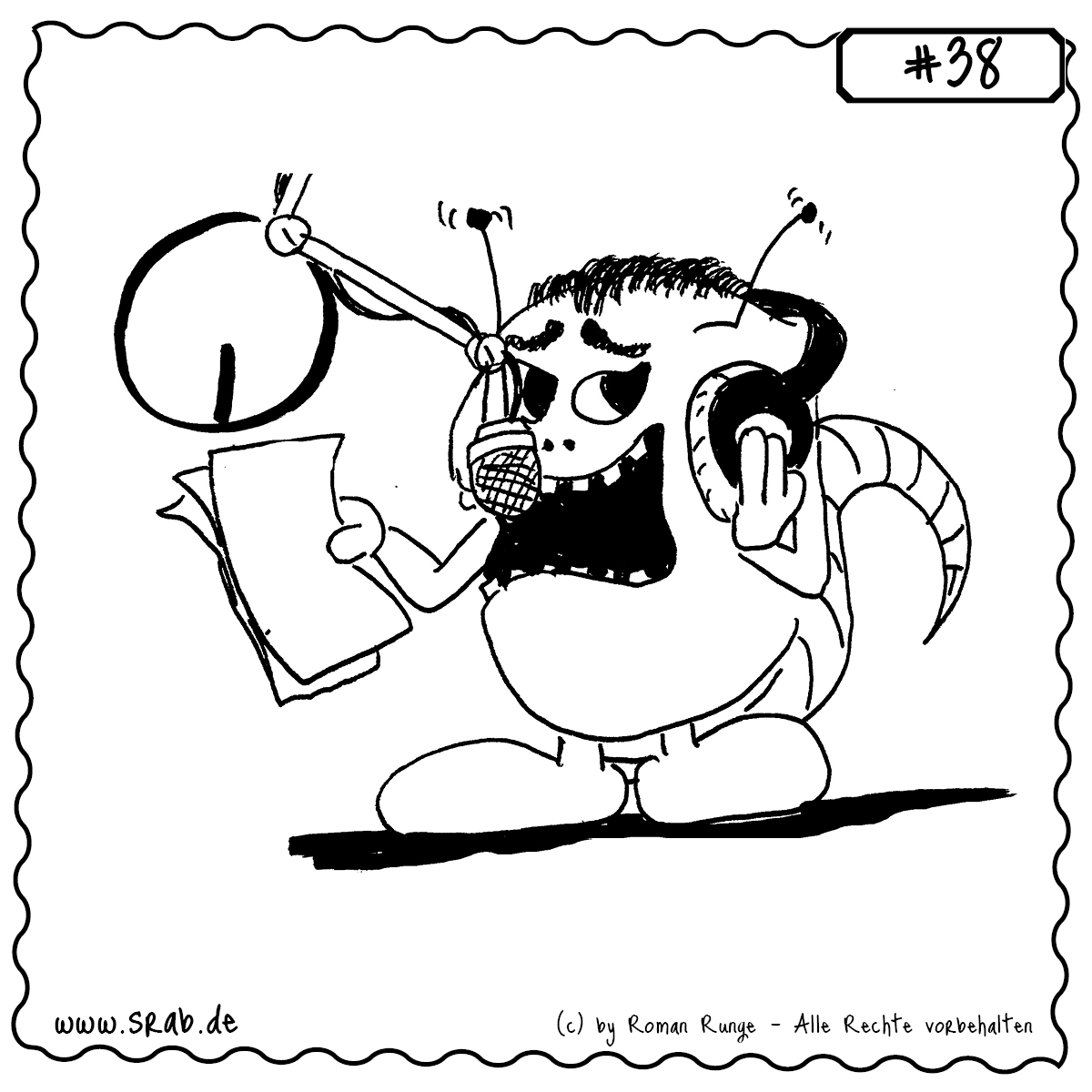 Srab #38 – 0250 Radio Beruf Arbeit Moderator Bremem Vier Mikrophone Kopfhoerer 1 Ein Srab moderiert eine Radiosendung: mit Studiomikrofon, Kopfhörern und Sendemanuskript. Das Motiv zeigt mit viel Charme und Energie die Welt des Hörfunks – ideal für Medienfans oder als Hommage an alle, die on air arbeiten.