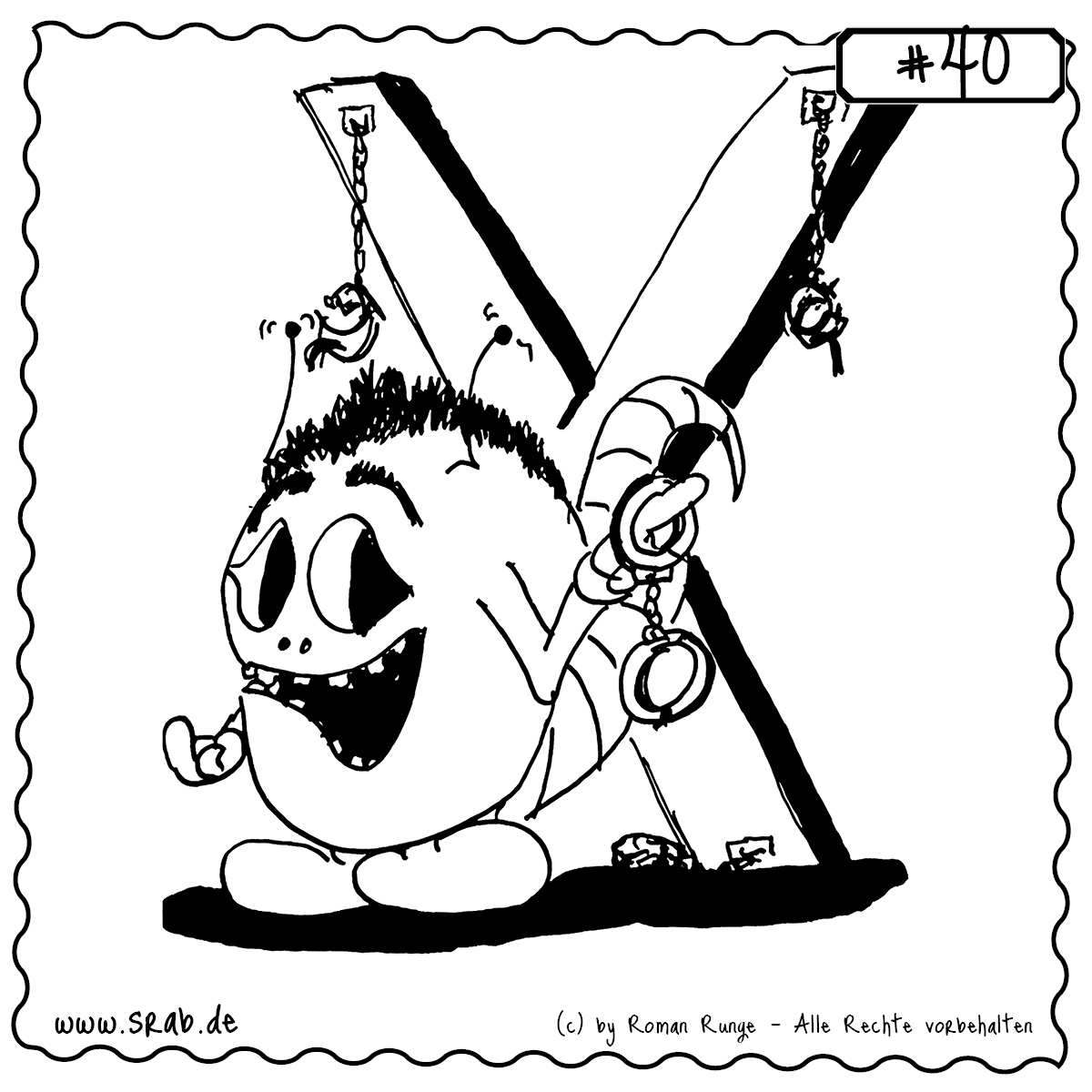 Srab #40 – 0913 Film Fifty Shades Of Grey Andreaskreuz Handschellen Bondafe Fesseln Sex 1 Ein schelmisch lachender Srab steht vor einem Andreaskreuz mit Handschellen und Ketten – eine augenzwinkernde Parodie auf die bekannte Roman- und Filmreihe „Fifty Shades of Grey“. Das Motiv ist bewusst zweideutig, bleibt aber charmant.