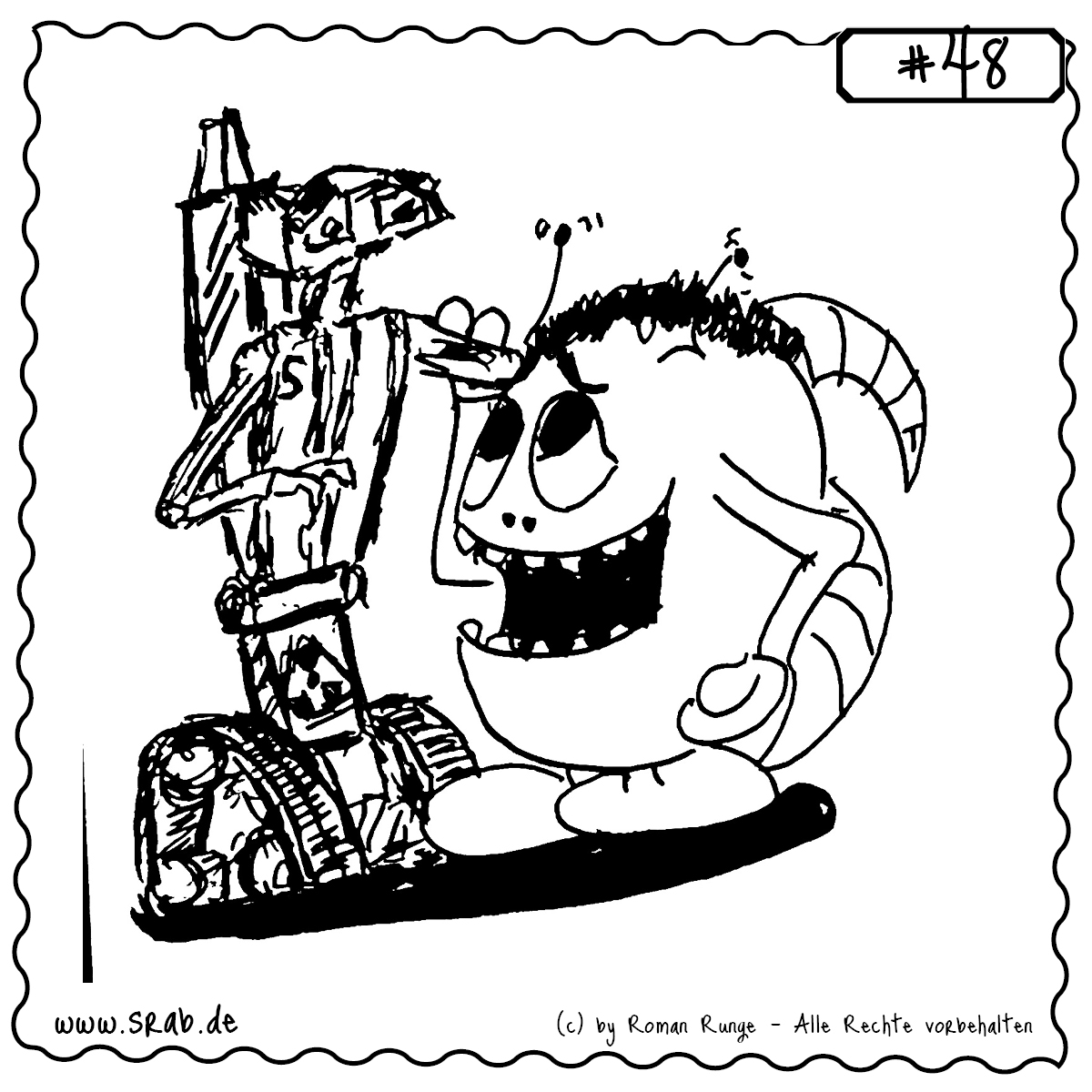 Srab #48 – 0866 Film Nr. 5 Lebt Roboter Lebendig Gefuehle Seele Maschine 1 Ein Srab trifft auf den ikonischen Roboter aus „Nr. 5 lebt“ – und es ist Freundschaft auf den ersten Klick. Das Motiv spielt liebevoll mit Themen wie künstlicher Intelligenz, Emotionen und nostalgischer Filmkultur.