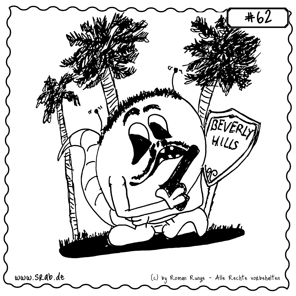 Dieser Srab sitzt lässig unter Palmen mit Shorts, Pistole und „Beverly Hills“-Schild im Hintergrund. Der Gesichtsausdruck erinnert stark an eine berühmte Figur der 80er – eine klare Parodie auf den Filmklassiker „Beverly Hills Cop“. Ideal für Retro-Fans, Filmnerds und alle, die sich nicht zu ernst nehmen.