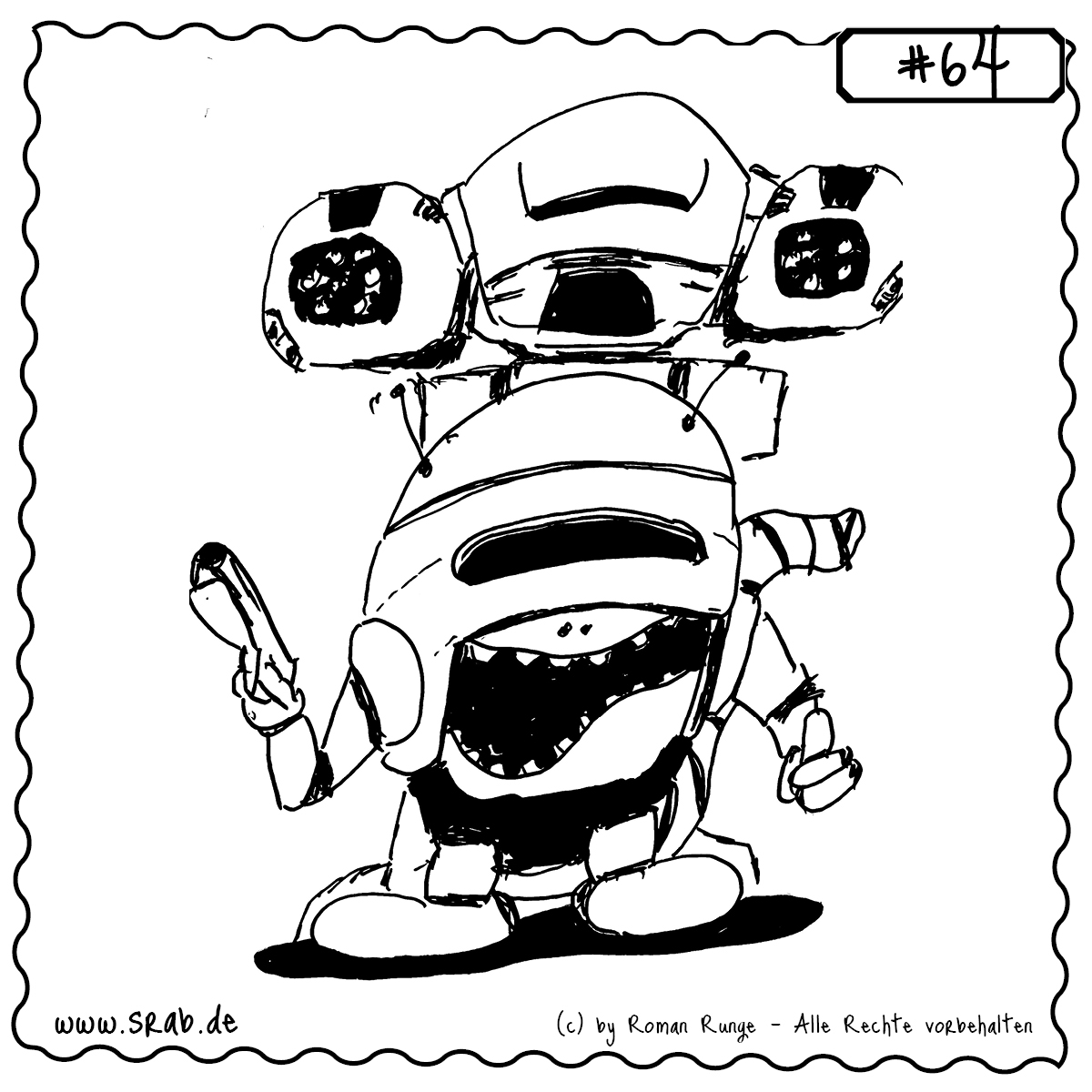 Srab #64 – Robocop Mech Polizei Zukunft Satire 1 Ein futuristischer Srab in schwerer Robo-Rüstung mit Visier, Kanonenaufsatz und Waffe in der Hand. Der Anzug erinnert stark an Science-Fiction-Klassiker wie RoboCop oder ED-209 – mit einem Srab-typischen Grinsen. Eine liebevolle, überdrehte Hommage an das Genre „Techno-Dystopie mit Humor“.