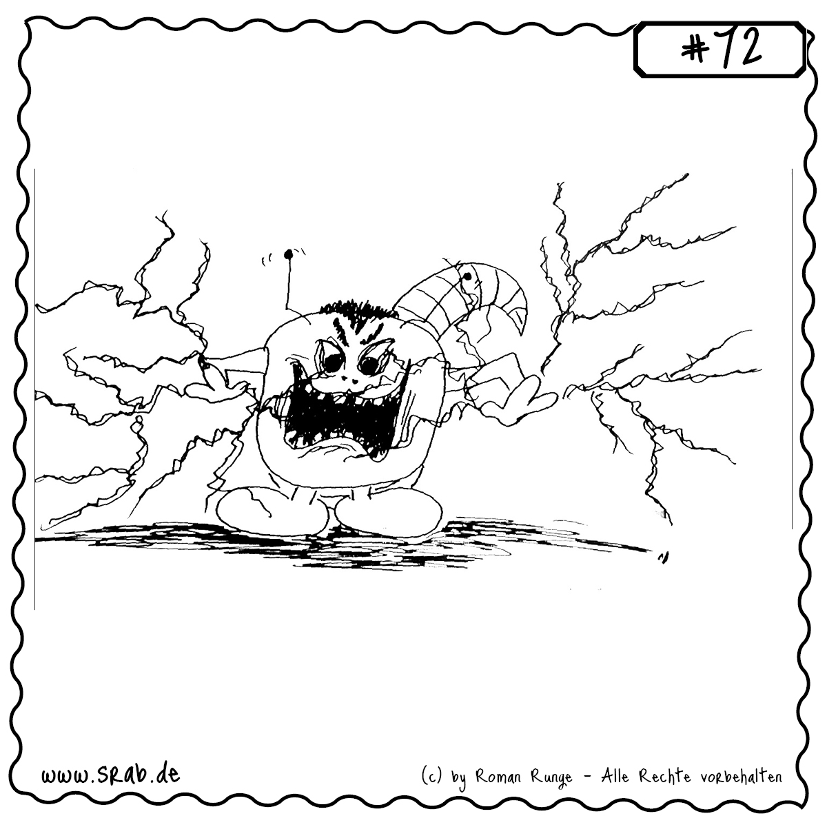 Mit zusammengekniffenen Augen, Zorn im Gesicht und zuckenden Blitzen aus beiden Händen entfesselt dieser Srab seine volle (und vermutlich sehr elektrische) Energie. Eine augenzwinkernde Anspielung auf dunkle Mächte, popkulturelle Ikonen und außerirdisch gute Wutausbrüche.