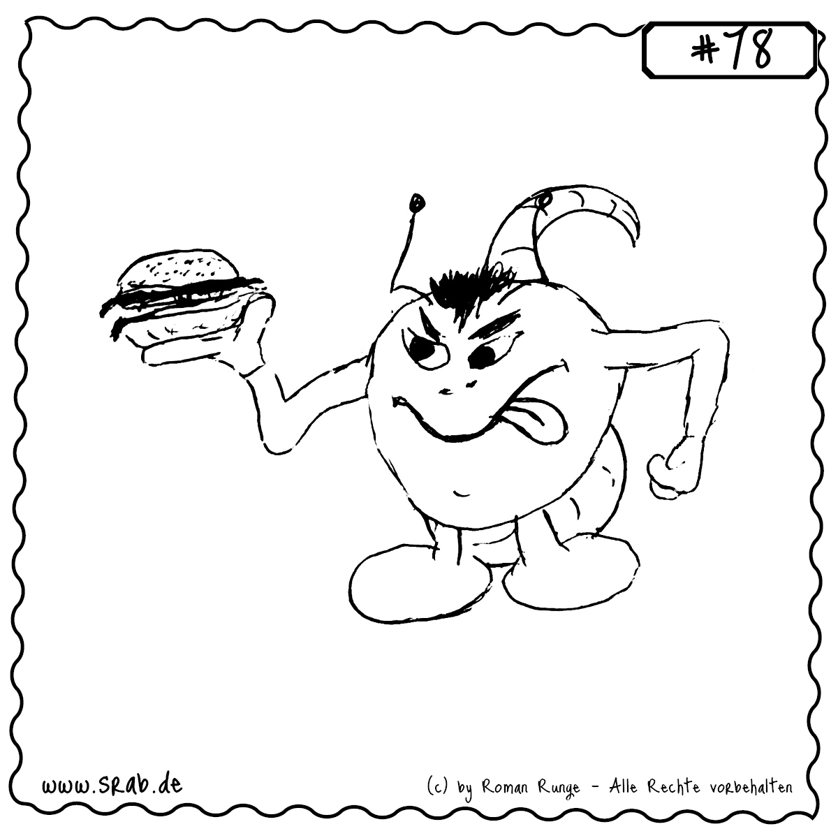 Dieser Srab balanciert einen Burger auf der Hand, zieht eine kritische Schnute und scheint zu denken: „Das soll satt machen?!“ Ein augenzwinkerndes Motiv rund um Fastfood, Heißhunger und kulinarischen Zweifel. Perfekt für Cafés, Pausenräume oder Diät-Memes.