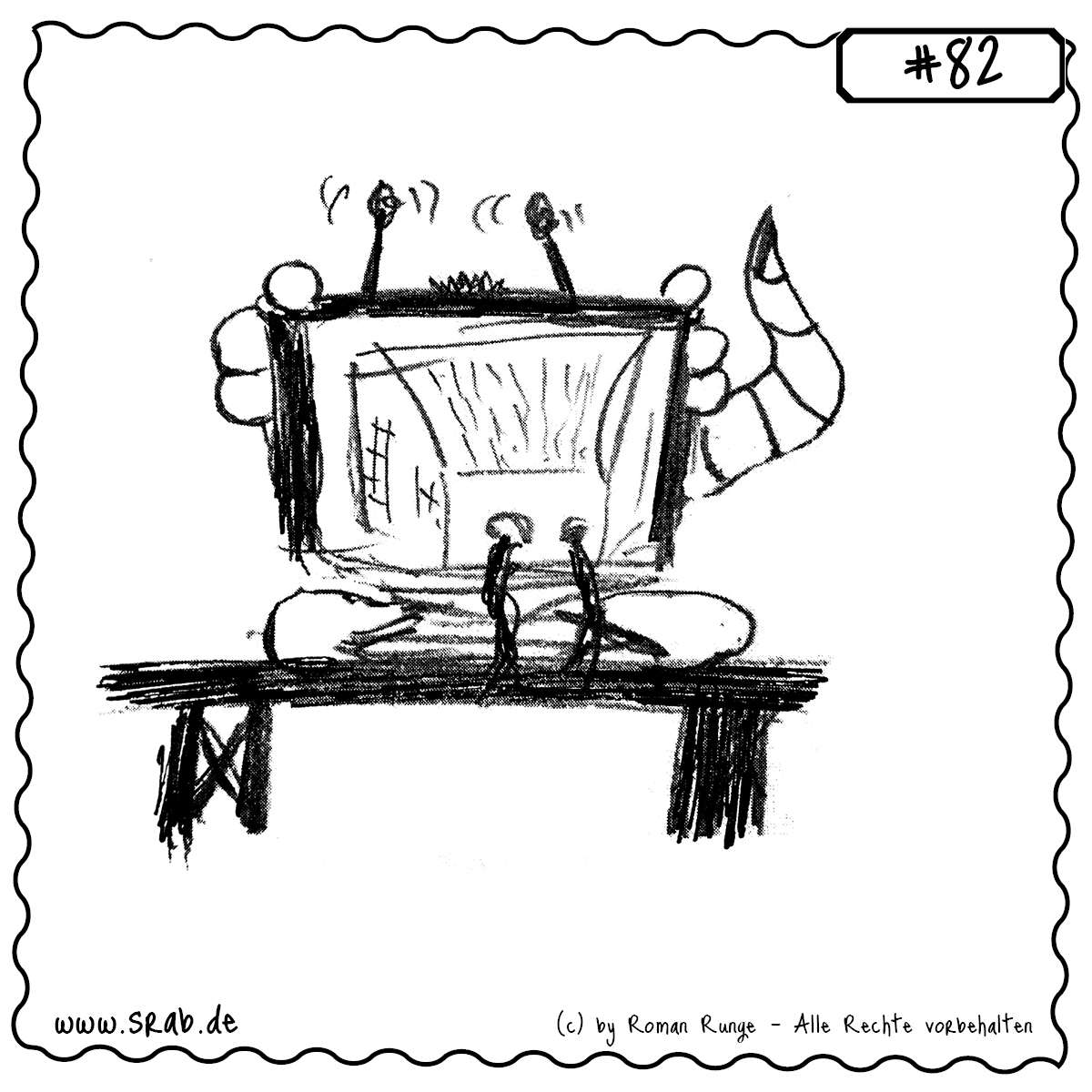 Srab #82 – Computer Monitor It Job Beruf Arbeit Schreibtisch 1 Ein Srab sitzt an einem Schreibtisch und schaut gebannt auf einen Monitor, auf dem ein Haus zu sehen ist. Offenbar beobachtet er ein Zuhause oder arbeitet remote. Vielleicht auch beides.