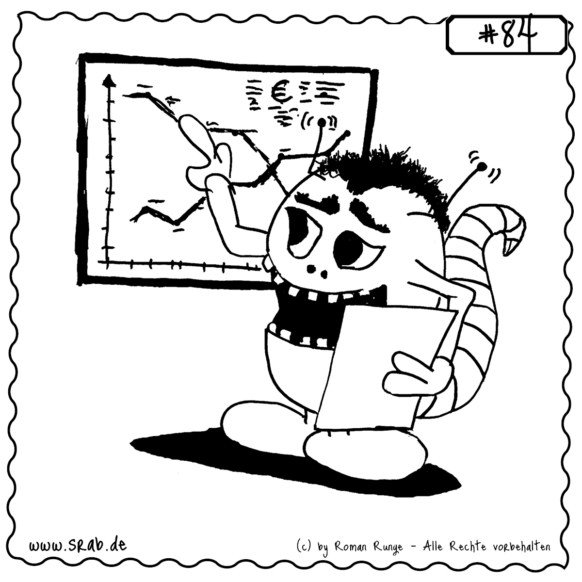 Srab #84 – Wirtschaft Geld Diagramm Vortrag Unternehmen Praesentation 1 Ein Srab erklärt mit ernster Miene ein Diagramm an einem Flipchart. Er zeigt mit einem Zeigestock auf fallende und steigende Linien, hält ein Blatt Papier in der Hand und steht offenbar mitten in einem Vortrag. Ein typisches Szenario für Wirtschaft, Unternehmenswelt oder Finanzanalysen.