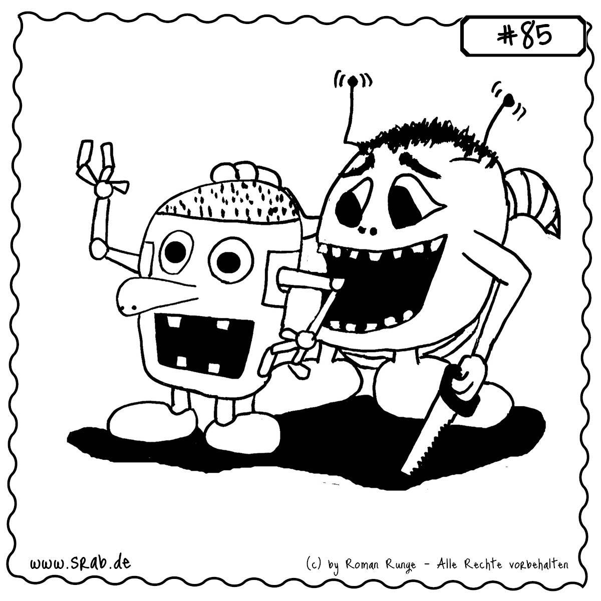 Srab #85 – Werken Roboter Saegen Handarbeit Basteln Unterricht 1 Ein fröhlicher Srab assistiert mit lauter Begeisterung bei einer technischen Bastelarbeit. Neben ihm steht ein kleiner Roboter mit offenem Kopf, während der Srab freudig zur Säge greift. Ganz nach dem Motto: „Was nicht passt, wird passend gemacht!“