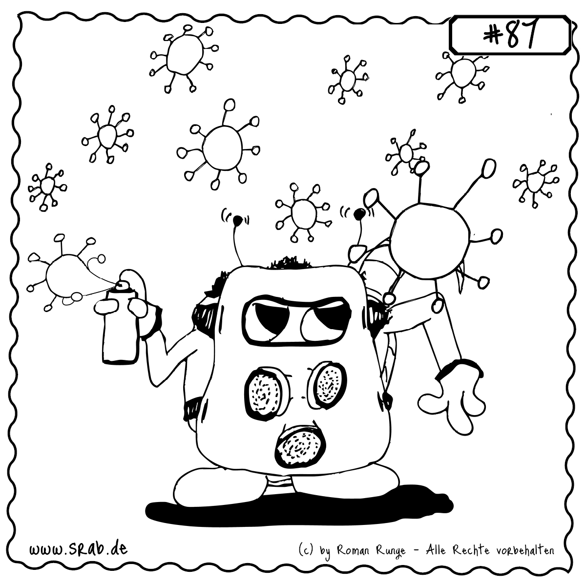 Ein Srab in voller Schutzmontur mit Gasmaske verteilt großzügig Spray – inmitten einer pandemisch-dramatischen Szene. Ob das hilft?