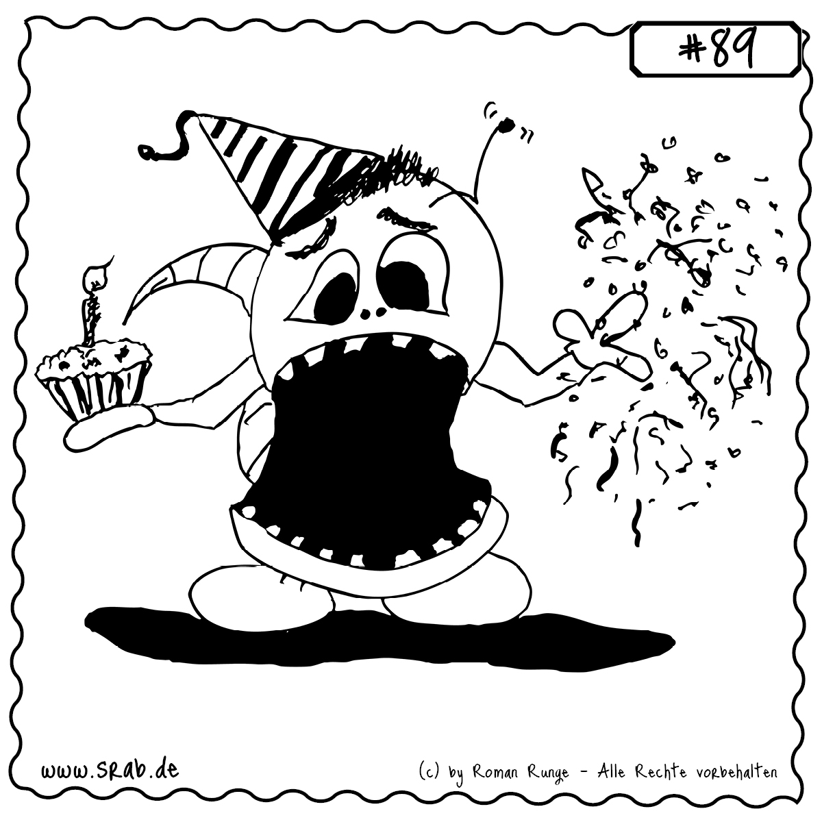 Srab #89 – Geburtstag Party Überraschung Muffin Konfetti 1 Ein Srab wird mit Muffin, Kerze und einer Ladung Konfetti überrascht – sein Gesichtsausdruck schreit: „Damit hab ich nicht gerechnet!“