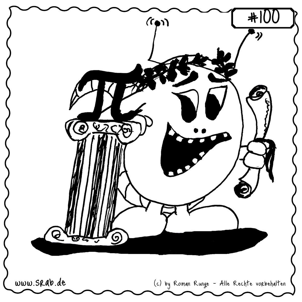 Ein Srab im antiken Look mit Lorbeerkranz, Säule und Papyrusrolle. Neben ihm thront das Symbol für Pi – römisch trifft mathematisch trifft außerirdisch.