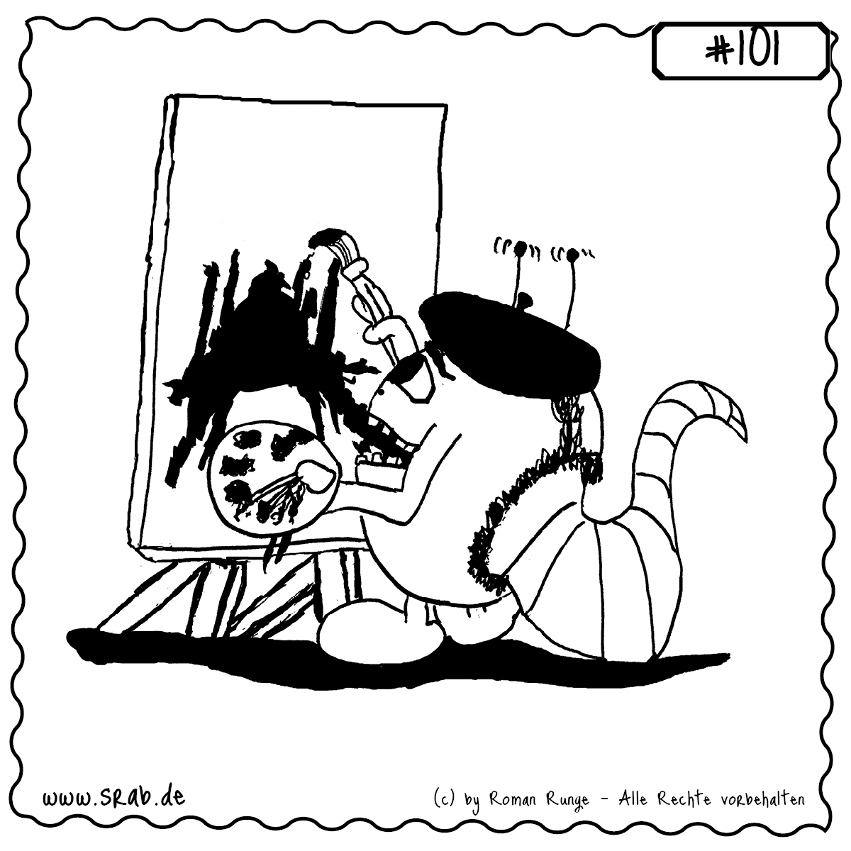 Srab #101 – Kunst Maler Expressionismus Staffelei Palette 1 Ein Srab mit Baskenmütze malt voller Hingabe an einem abstrakten Kunstwerk. Ausdrucksstark, gefühlvoll, komplett in seinem kreativen Element.