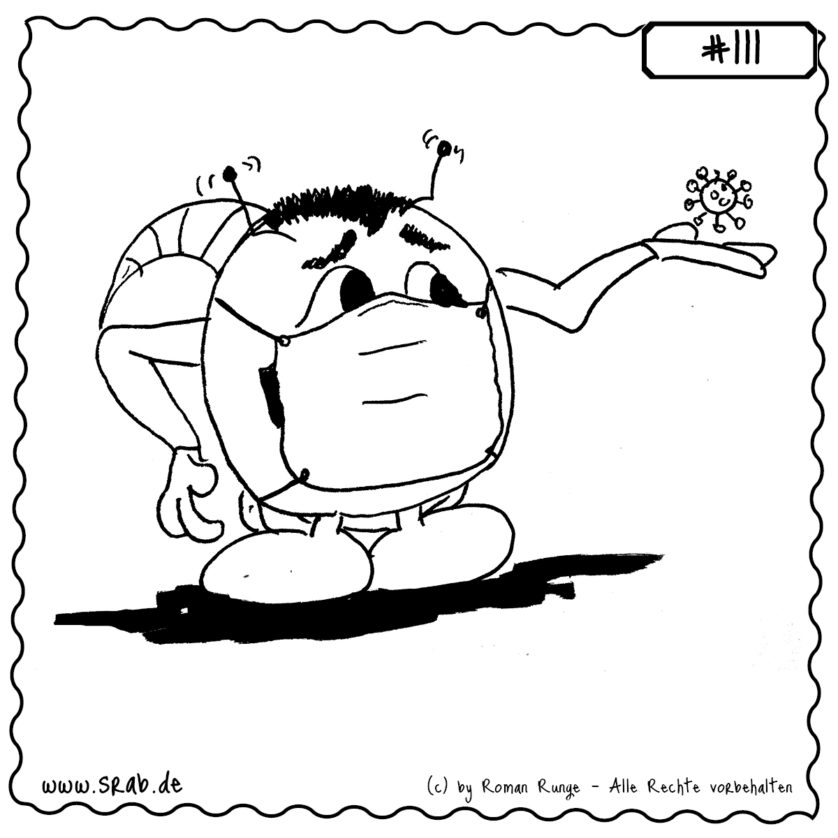 Ein Srab mit Schutzmaske betrachtet einen kleinen, cartoonartigen Virus auf seiner Hand. Das Motiv vereint Neugier, Vorsicht und Nachdenklichkeit im Kontext von Pandemie und Wissenschaft.