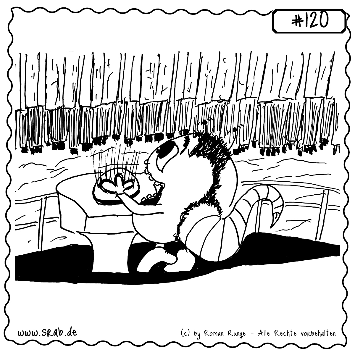 Ein Srab vor einem gigantischen Steuerpult, der mit dramatischer Geste einen großen Knopf drückt. Im Hintergrund eine riesige Maschine mit langen Zylindern – Anspielung auf die Terraforming-Szene aus „Total Recall“. Ein visuell starkes Sci-Fi-Motiv mit Film-Nerd-Faktor.