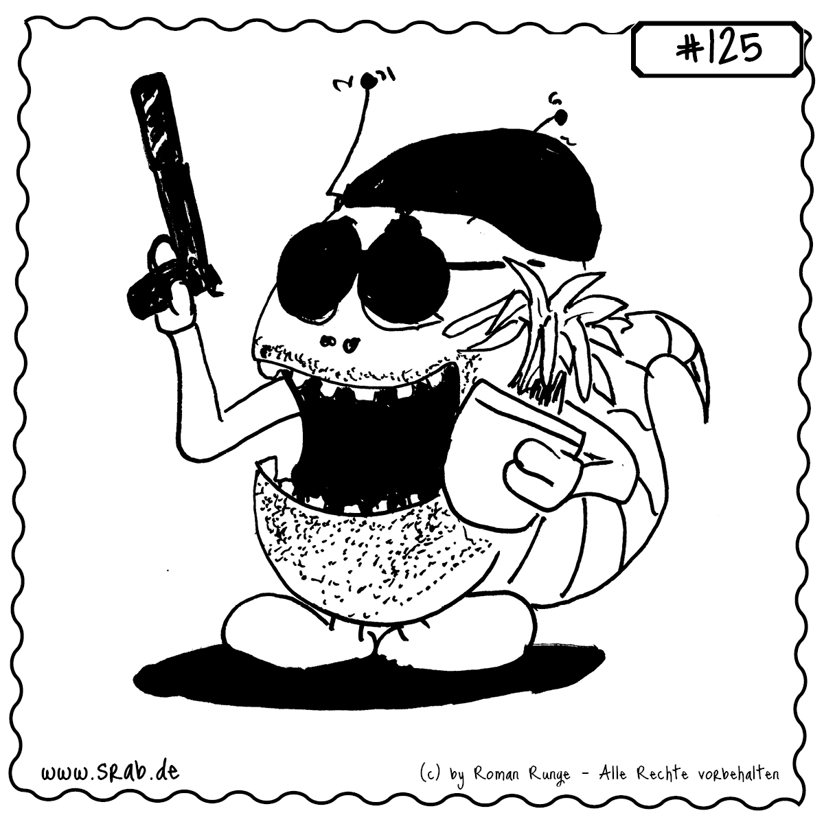 Srab #125 – Leon Professional Pflanze Waffe 1 Dieser Srab ist ein echter Profi – mit Topfpflanze unterm Arm und Pistole im Anschlag. Die Sonnenbrille verdeckt seine Emotionen, aber der grüne Daumen verrät sein weiches Herz. Ein liebevoller Gruß an alle Fans des Kultfilms „Léon – Der Profi“.