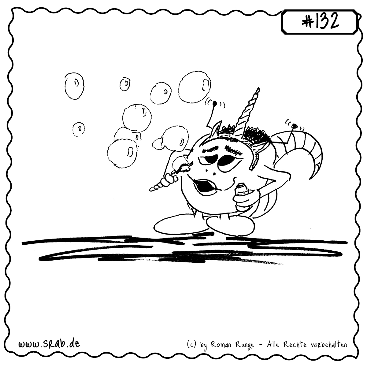 Ein Srab hat sich als Einhorn verkleidet, komplett mit Stirnhorn und Blasenstab. Mit verträumtem Blick pustet es Seifenblasen in die Welt. Ein verspieltes, fröhliches Motiv – ideal für Geburtstage, Partys und alle, die an Magie glauben.