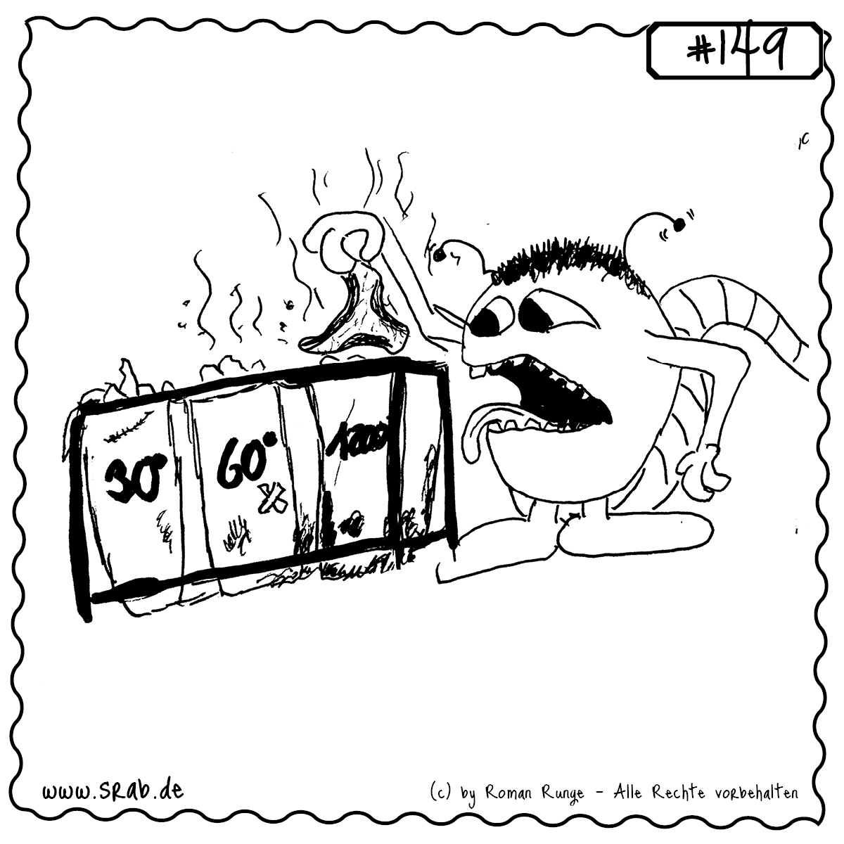 Srab #149 – Waschen Waesche Stinkt Haushalt Chaos 1 Ein Srab im Kampf gegen die stinkende Wäsche! Zwischen 30°, 60° und einem Waschprogramm für radioaktiv kontaminierte Socken steht dieses kleine Alienwesen verzweifelt mit einem dampfenden Kleidungsstück. Für alle, die wissen, wie hart Haushalt sein kann!