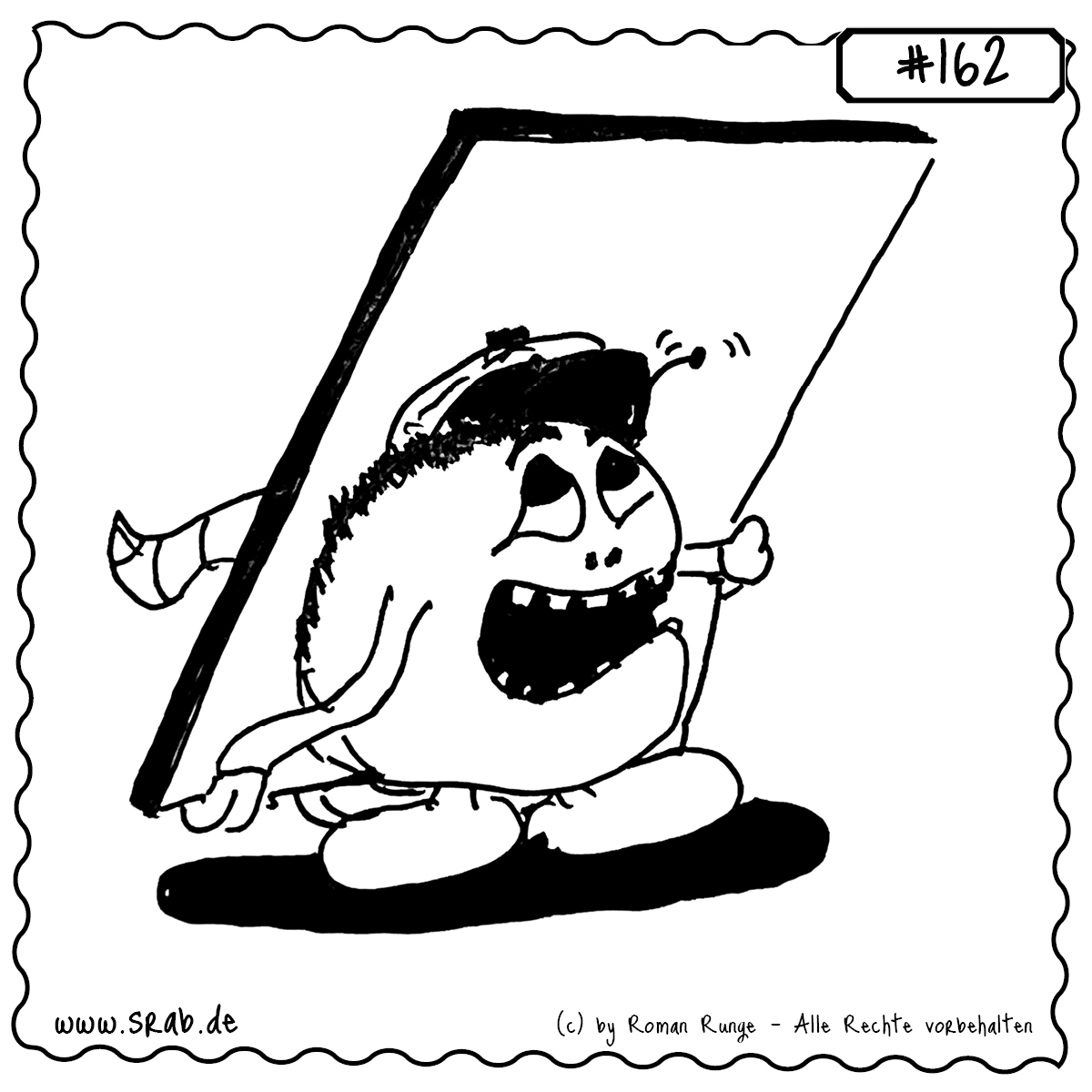 Srab #162 – Fenster Glas Rahmen Durchblick 1 Dieser Srab trägt ein Fenster wie ein Bilderrahmen vor sich her – mit klarem Durchblick und einem zufriedenen Grinsen.