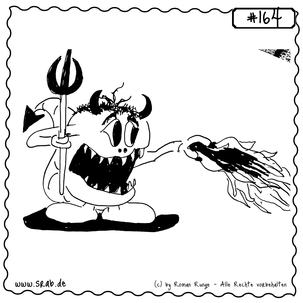 Srab #164 – Teufel Hoelle Feuer Gabel 1 Ein Srab als kleiner Teufel mit Hörnern, Dreizack und feurigem Temperament. Er schleudert eine lodernde Flamme und grinst dabei höllisch vergnügt.