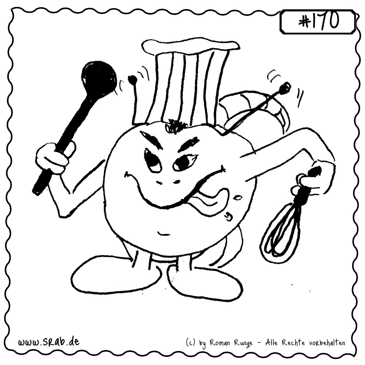 Srab #170 – Koch Chef Löffel Essen 1 Dieser Srab steht mit Kochmütze, Löffel und Schneebesen in der Küche und scheint schon das nächste Meisterwerk im Kopf zu haben. Seine Zunge schlabbert gierig – ein perfektes Motiv für Genießer, Küchenhelden und Hobbyköche.