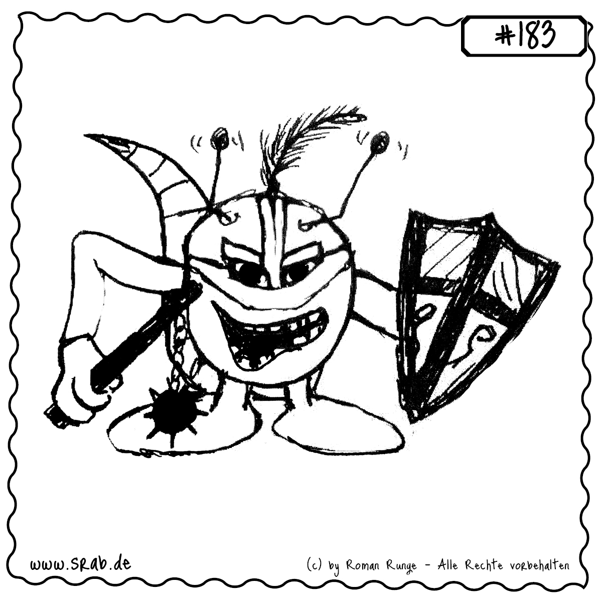 Srab #183 – Ritter Schild Waffe Mittelalter Helm 1 Ein kampfbereiter Srab mit Ritterhelm, Schild und Morgenstern. Dieses kleine Alien scheint direkt aus dem Mittelalter zu kommen – tapfer, entschlossen und bereit, für Ehre und Humor zu streiten.