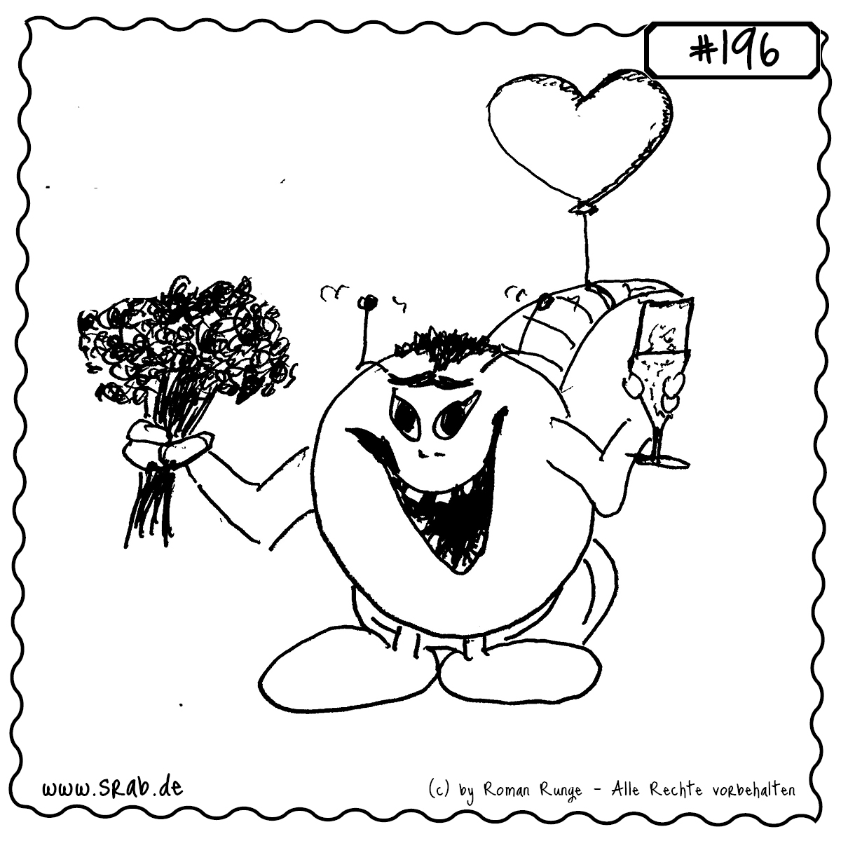 Ein Srab in Feierlaune: mit einem Blumenstrauß, einem Glas Sekt und einem romantischen Herzballon. Perfekt für Geburtstage, Jahrestage oder einfach zum Freude machen.