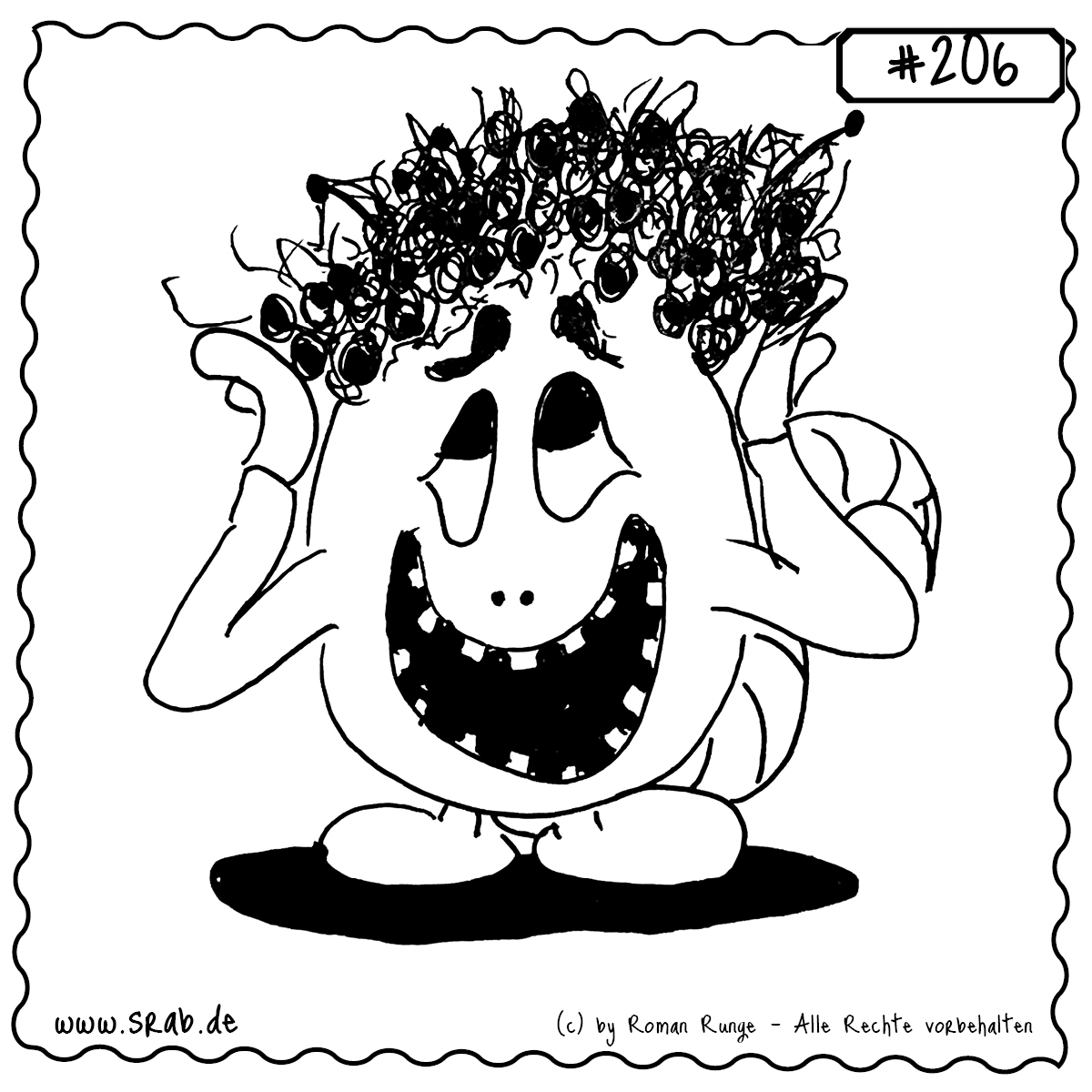 Srab #206 – Lockenpracht Haare Lockig Fönwelle Charmeur 1 Srab mit extravaganter Lockenmähne und selbstbewusstem Grinsen – eine humorvolle Hommage an wilde Frisuren und stylische Selbstverliebtheit. Perfekt für alle, die ihre Haare genauso feiern wie ihre gute Laune.