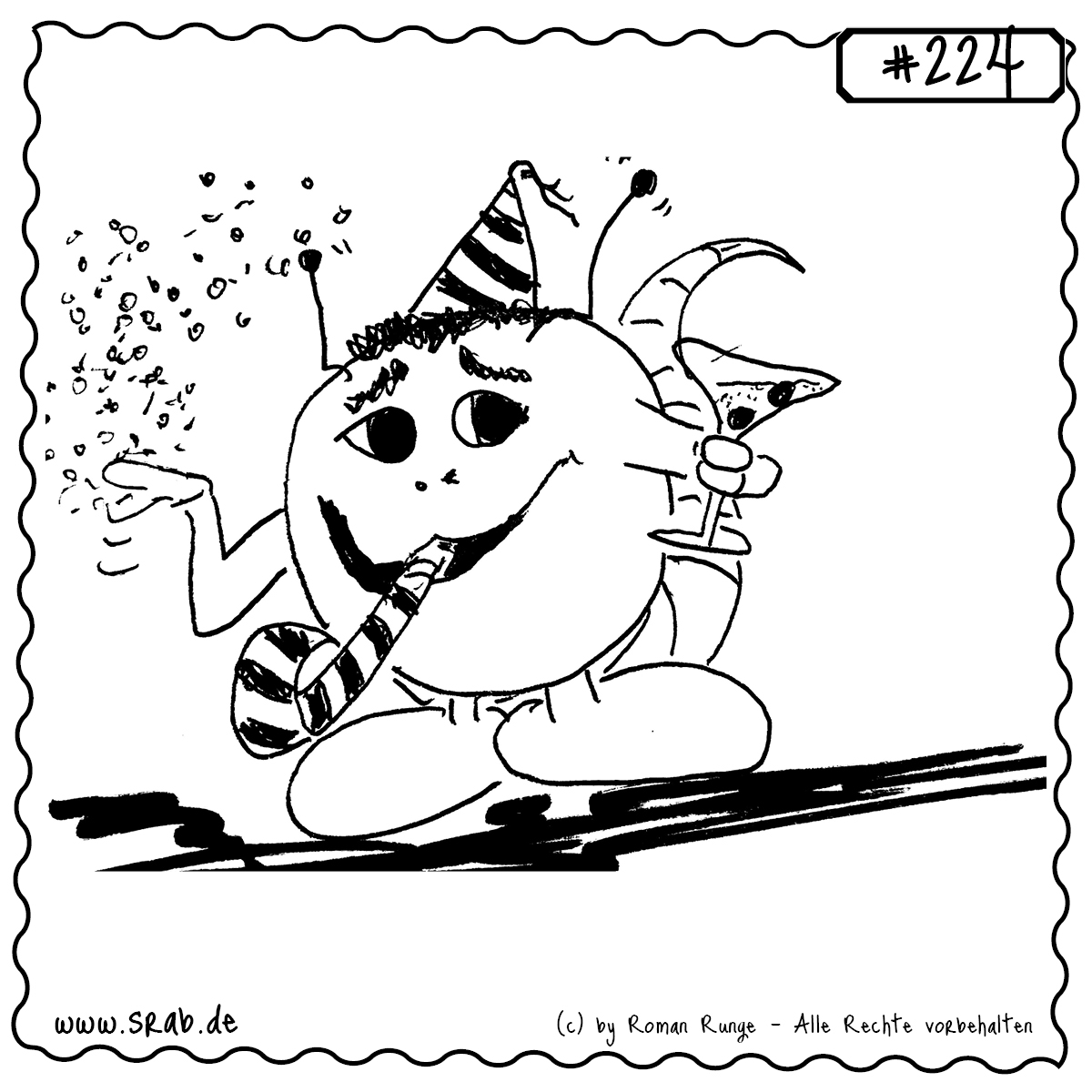 Srab #224 – Party Geburtstag Konfetti Cocktail Feiern 1 Dieser Srab feiert mit Stil: Konfetti, Partyhut, Cocktailglas und eine Tröte im Mund – hier ist gute Laune garantiert. Ein typisches Partymotiv, das perfekt zu Geburtstagen, Silvester oder fröhlichen Anlässen passt. Der Srab bringt die Stimmung mit!