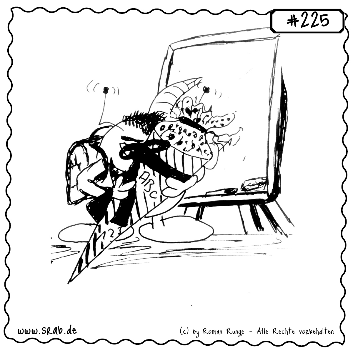 Srab #225 – Schule Einschulung Schultuete Tafel Schulkind 1 Dieser Srab erlebt seinen ersten Schultag! Mit Schultüte, Ranzen und einem Hauch Nervosität steht er vor der Tafel – bereit für das große Abenteuer Schule. Ein perfektes Motiv zur Einschulung, für Schulanfangskarten, Erinnerungen oder kleine Geschenke für stolze Schulanfänger.