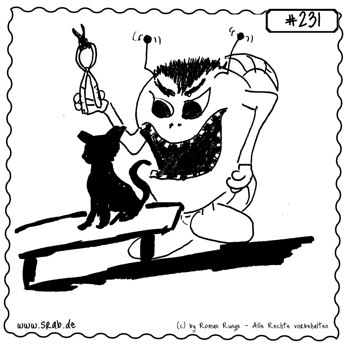 Dieser Srab ist (angeblich!) Tierarzt – allerdings mit etwas rustikalem Werkzeug. Mit grimmigem Grinsen und einer gewaltigen Zange nähert er sich einer schwarzen Katze, die sich bereits auf dem OP-Tisch befindet. Ein Cartoon-Motiv für mutige Katzenbesitzer, Tierfreunde mit Humor und alle, die bei der Zahnarztpraxis schmunzeln wollen.