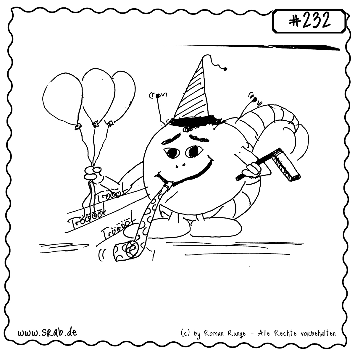 Srab #232 – Geburtstag Party Tröte Luftballons Feiern Happy 1 Dieser Srab hat Geburtstag – und das mit vollem Einsatz! Luftballons, Partyhütchen, eine Tröte mit Schallwellen, ein zufriedenes Grinsen und... ein Rasierer? Vielleicht war das Geschenk ein Antennentrimmer! Ein Motiv voller Feierfreude und leichtem Chaos. Perfekt für Geburtstagskarten, Tassen oder digitale Grüße mit Augenzwinkern.