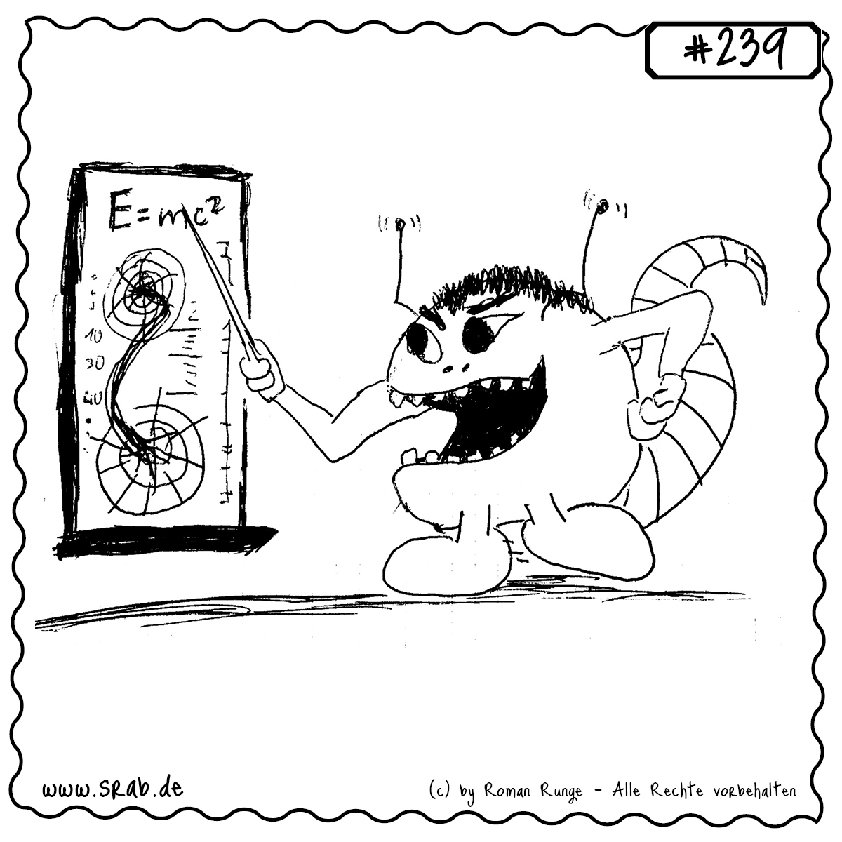 Dieser Srab erklärt gerade die Feinheiten der Relativitätstheorie und schwingt seinen Zeigestab mit voller Leidenschaft. Vor einer Tafel mit Spiralformeln, Zahlen und E=mc² steht er in bester Lehrermanier – ein echtes Highlight für Nerds, Physikliebhaber und alle, die klüger wirken wollen als sie sind.