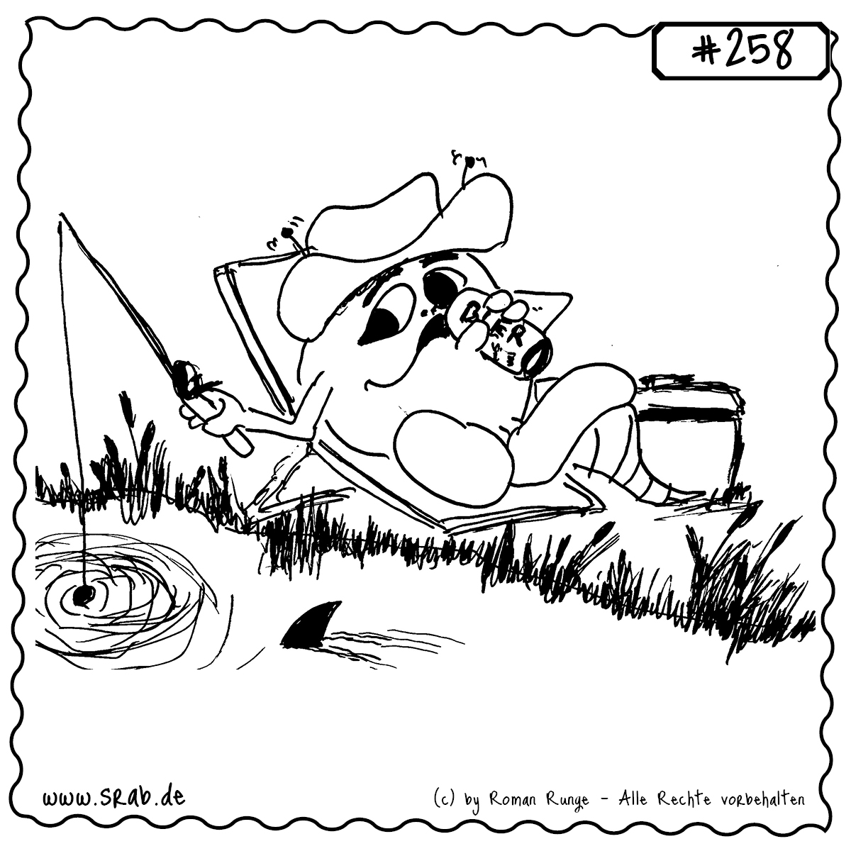 Dieser Srab gönnt sich eine Auszeit am See: lässig im Liegestuhl, Angel in der Hand, Dose in der anderen – so sieht Entspannung aus! Doch unter der Oberfläche lauert Spannung: Ein Haifisch zieht seine Kreise. Zwischen chillen und Gefahr – ein perfektes Motiv für Outdoor-Fans mit Humor.