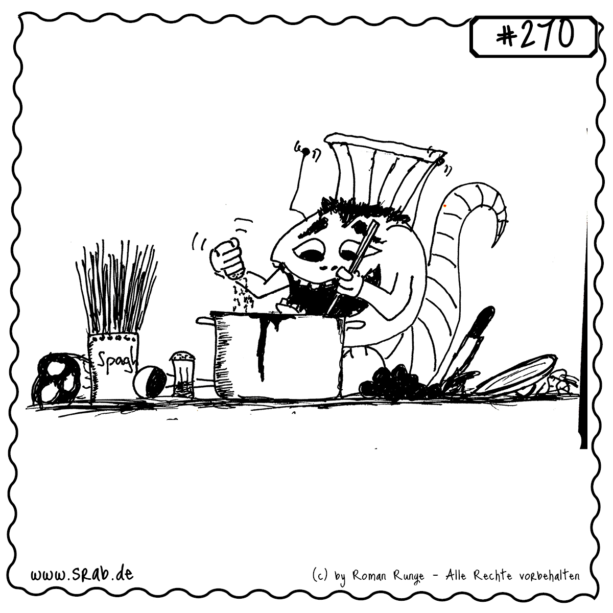 Srab #270 – Kochen Nudeln Kochmütze Topf Spaghetti Essen 1 Dieser Srab kocht mit Leidenschaft – in einem großen Topf rührt er konzentriert seine Nudeln und streut mit Hingabe Gewürze hinein. Mit einer stattlichen Kochmütze auf dem Kopf und Spaghetti samt Knoblauch bereit zur Verarbeitung, bringt dieser Srab das volle Küchenchaos mit Herz und Humor auf den Punkt. Ideal für Kochfans, Essensliebhaber und Küchenzauberer.