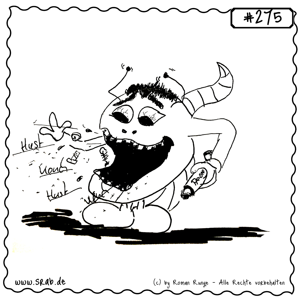 Dieser Srab hat’s voll erwischt: Rotz, Husten, Tabletten fliegen durch die Luft – und er klammert sich an seine Hustensaftflasche. Ein sichtlich angeschlagenes Alien, das den Zustand vieler Menschen in der Grippesaison auf den Punkt bringt.