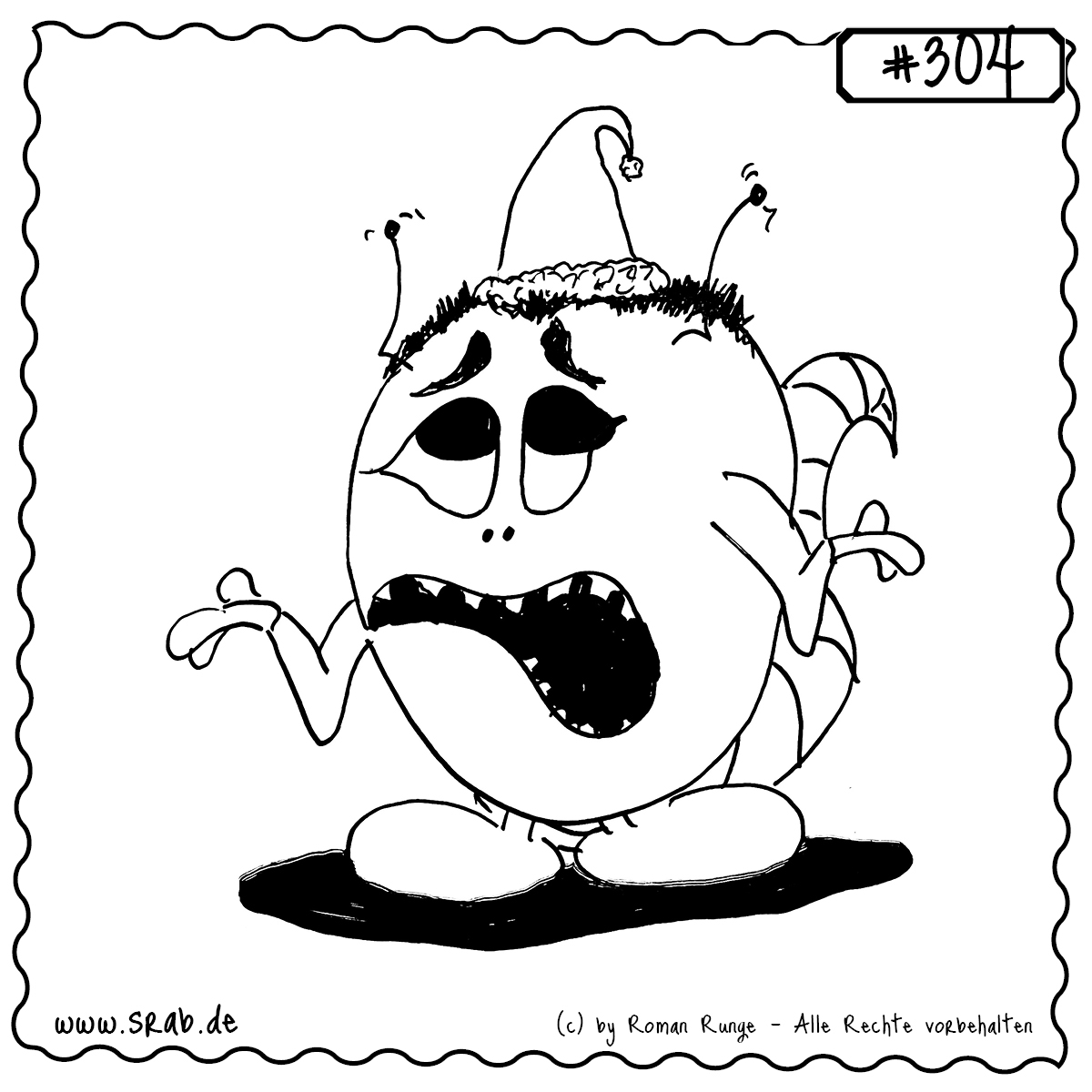 Srab #304 – Nikolaus Enttäuscht Geschenke Fehlen Weihnachten 1 Dieser Srab steht ratlos da – mit Nikolausmütze, leeren Händen und dem verzweifelten Blick eines Wesens, das offenbar vergessen wurde. Kein Geschenk in Sicht, kein Keks in der Nähe – nur die große Frage: „Warum ich?“ Ein nachdenkliches Weihnachtsmotiv mit melancholischem Charme.