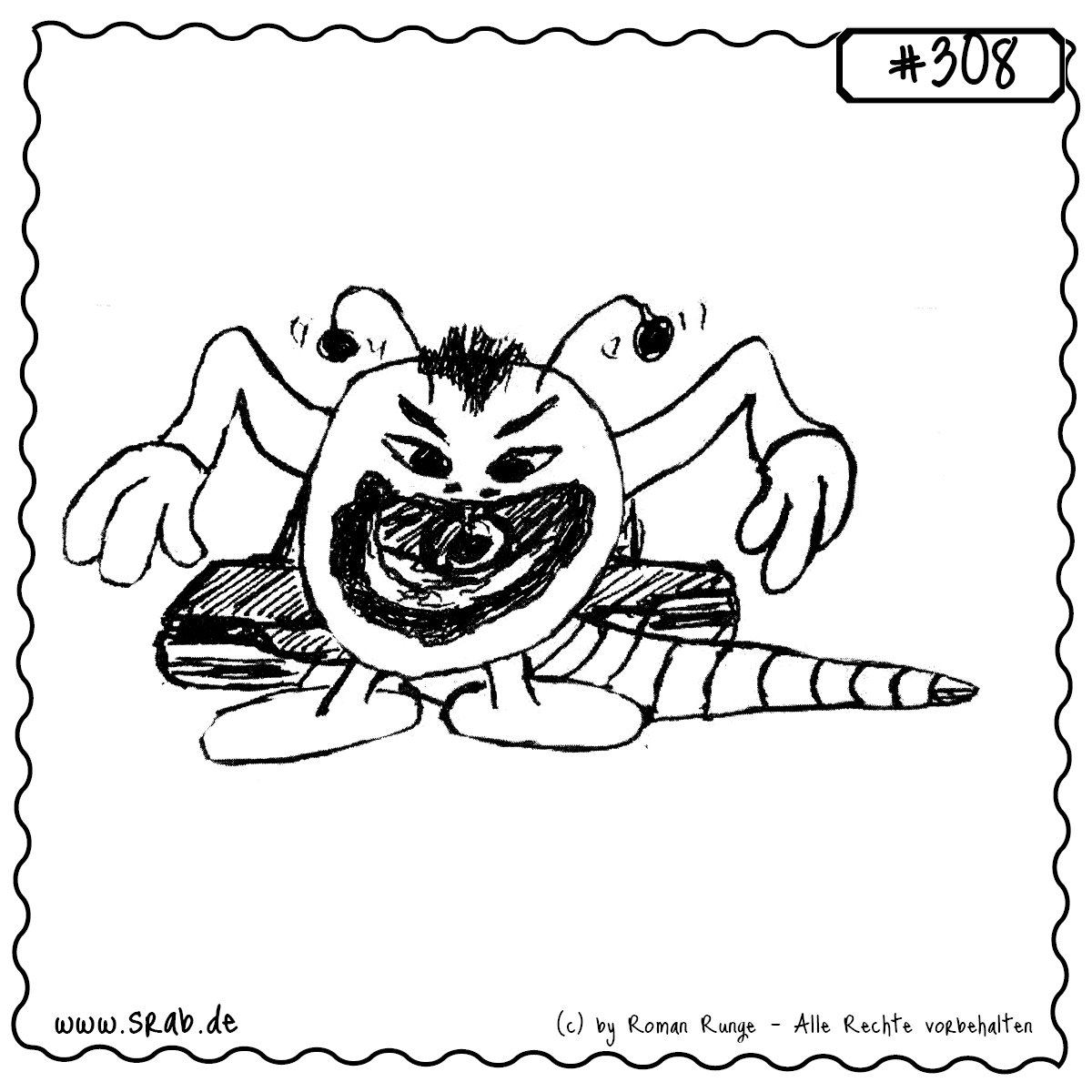 Srab #308 – Panzer Krieg Kanone Waffe Verletzung Soldat 1 Dieser Srab sitzt in einem martialischen Miniaturpanzer mit einer gewaltigen Kanone. Seine Haltung ist aggressiv, die Pose angespannt – ein Motiv, das Kriegsführung, Bedrohung und den Ernst bewaffneter Konflikte thematisiert. Das große schwarze Loch in der Mitte des Körpers wirkt wie ein Einschuss oder eine Kanonenmündung – Symbol für Gewalt oder Verwundung.