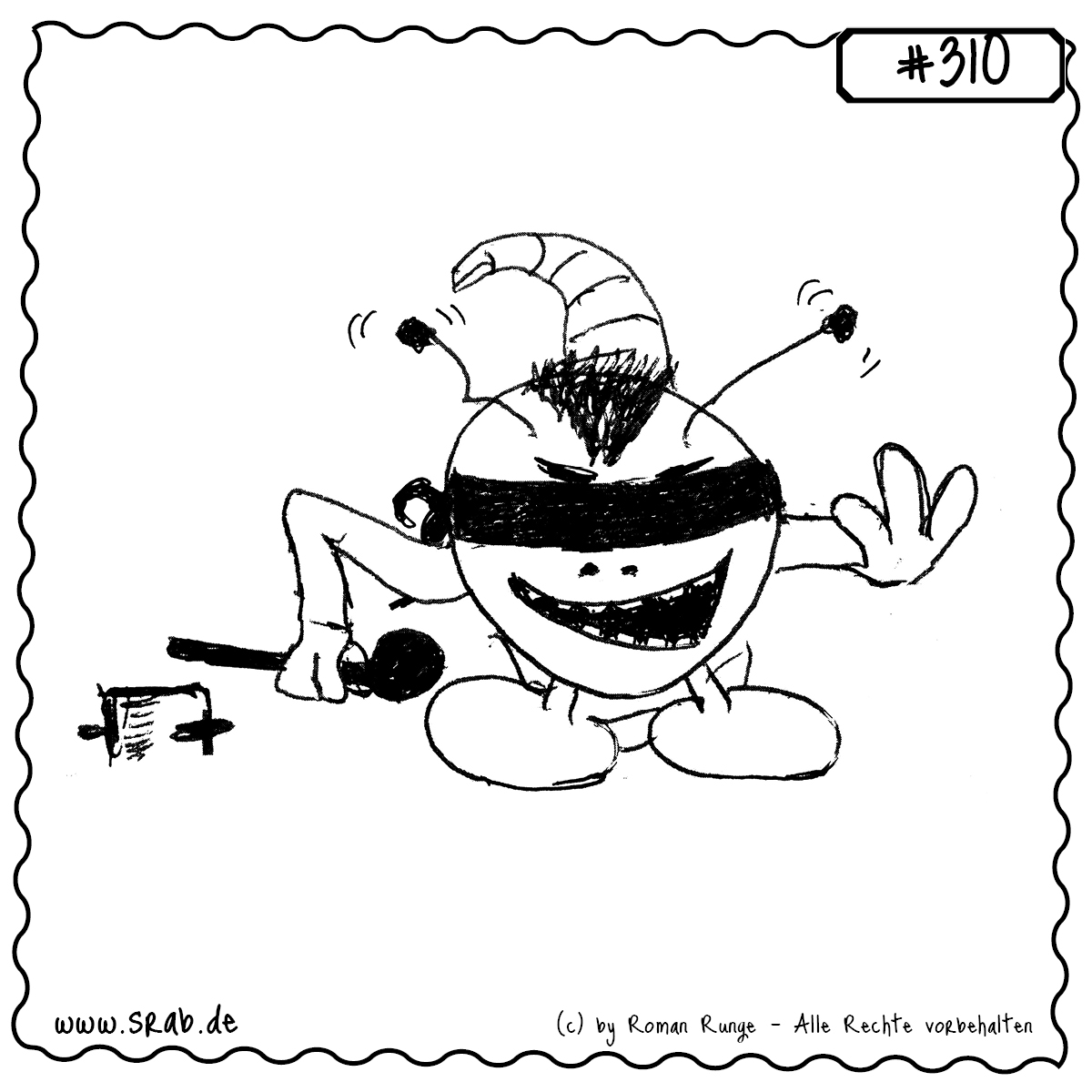 Srab #310 – Topfschlagen Spiel Kind Geburtstag Blind Verkleidet 1 Dieser Srab ist mitten im Spiel – mit verbundenen Augen und einem Kochlöffel bewaffnet, macht er sich auf die Suche nach dem Topf. Die typischen Zeichen vom Topfschlagen: Konzentration, Spannung und der Versuch, mit Hörsinn und Spürnase das Ziel zu treffen. Ein echter Klassiker auf jedem Kindergeburtstag, jetzt als Srab-Version!