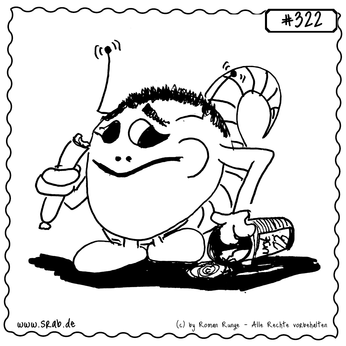 Dieser Srab gönnt sich eine klassische Dosenwurst – stilecht direkt aus der Dose. Mit zufriedener Miene, Würstchen in der einen und Dose in der anderen Hand ist klar: Das Leben kann so einfach sein. Eine herrlich schräge Hommage an alle Fleischfans, Wurstliebhaber und Grillfreunde.