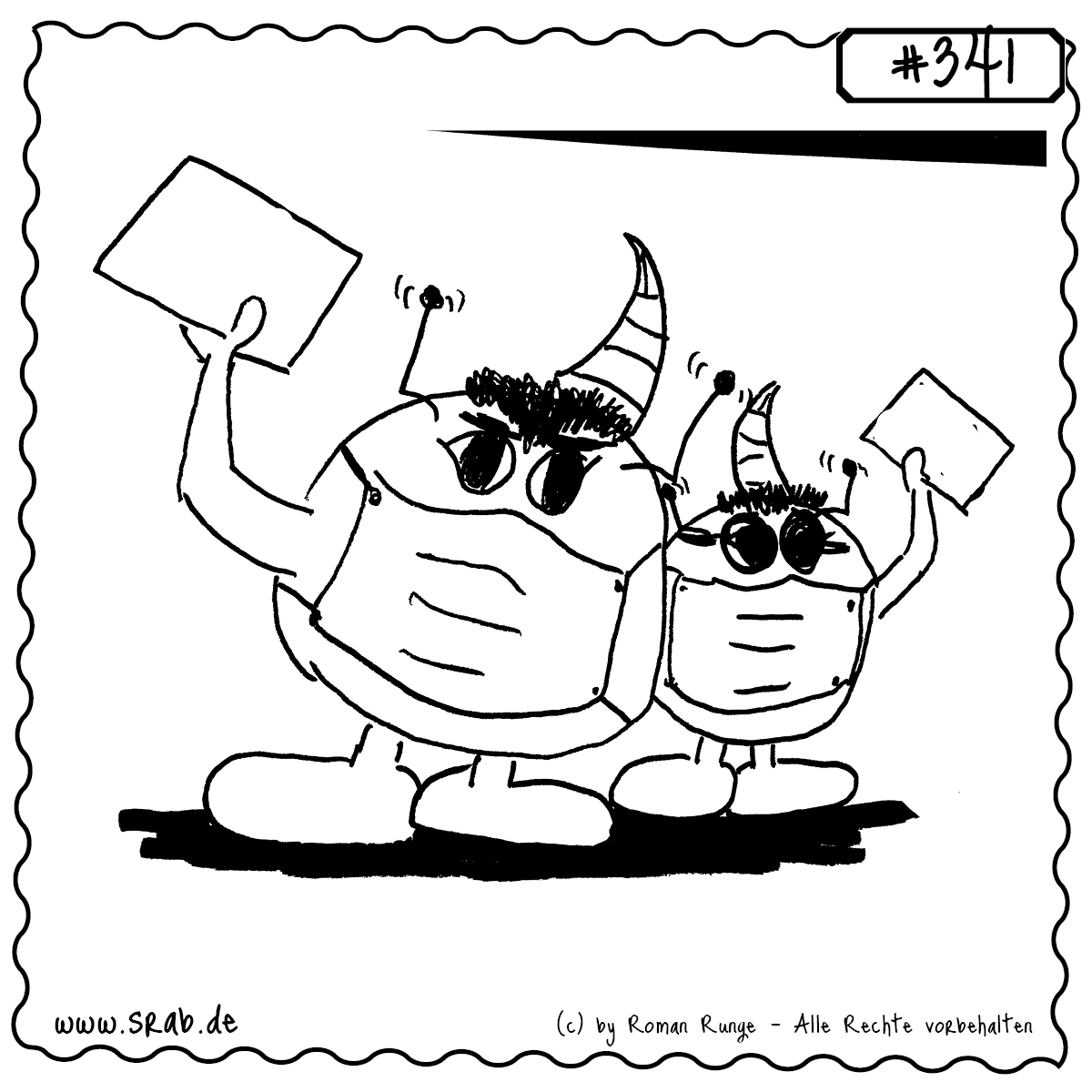 Srab #341 – Schule Zeugnis Corona Kinder Maske Mundschutz 1 Zwei Srabs – vermutlich Geschwister – stehen stolz mit ihren Zeugnissen in der Hand. Beide tragen einen medizinischen Mundschutz, was die Szene eindeutig in die Corona-Zeit verortet. Ein Motiv zwischen Stolz, Alltag und Pandemie-Realität.