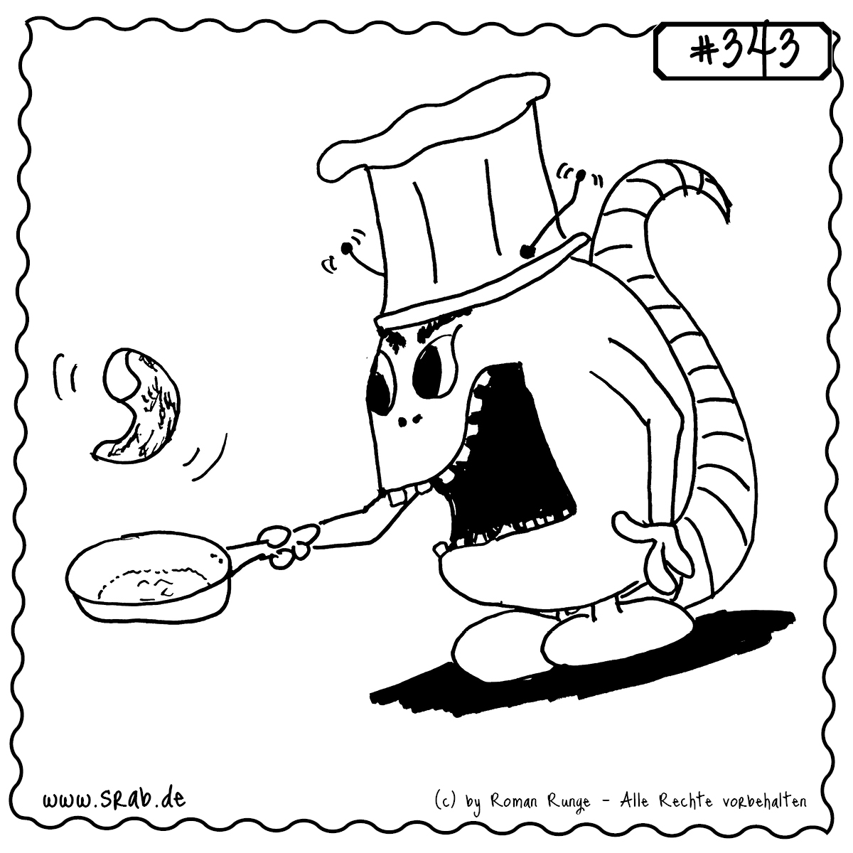 Srab #343 – Koch Pfannkuchen Pfanne Kochmuetze Essen Beruf 1 Dieser Srab schwingt die Pfanne wie ein Profi! Mit imposanter Kochmütze und energischem Ausdruck zaubert er einen fliegenden Pfannkuchen durch die Luft – ganz nach dem Motto: