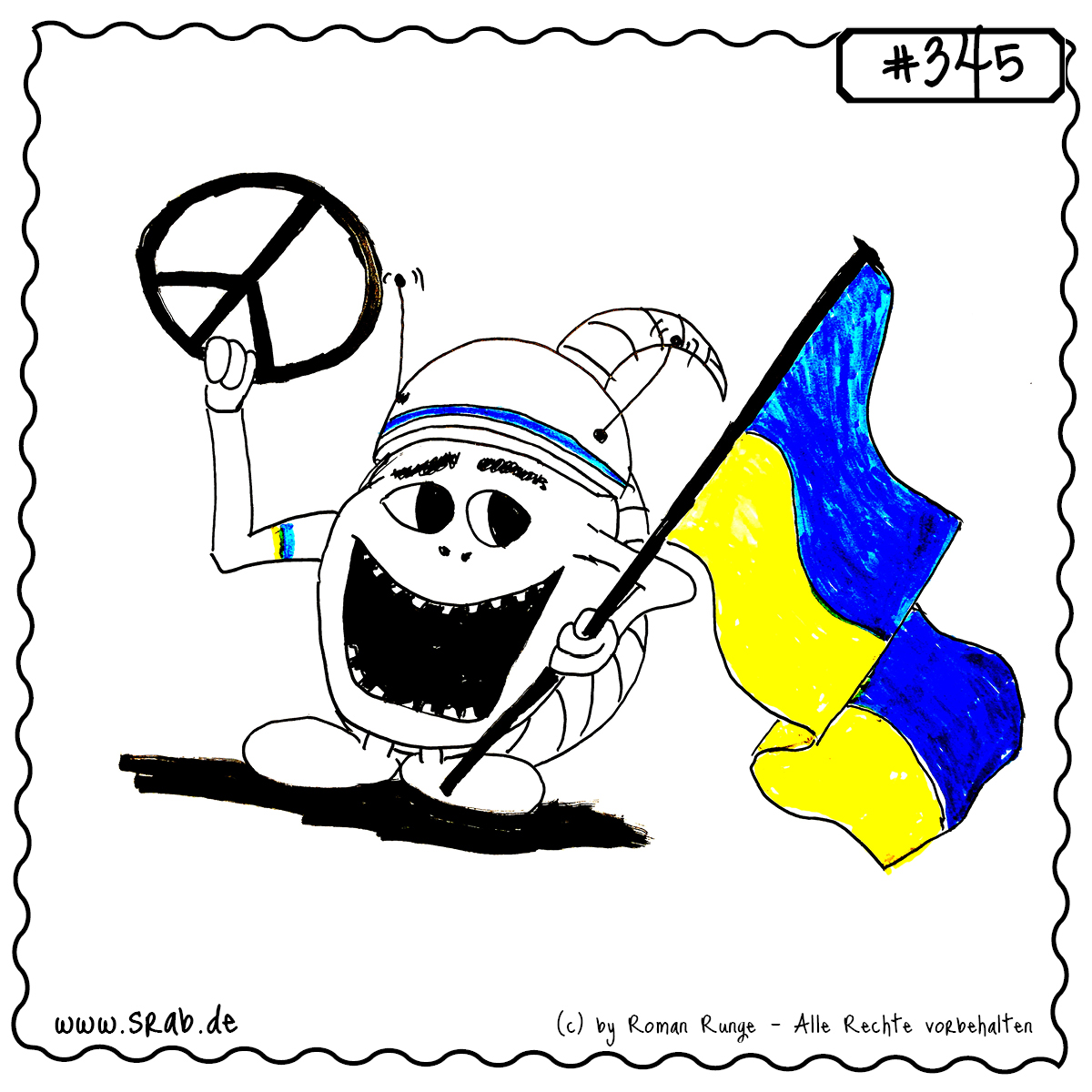 Dieser Srab setzt ein starkes Zeichen für Frieden! Mit einem Peace-Zeichen in der Hand, der Ukraine-Flagge und einem Schutzhelm auf dem Kopf steht er für Hoffnung, Solidarität und Zusammenhalt. Eine kraftvolle Zeichnung für alle, die sich für Menschlichkeit und Gerechtigkeit einsetzen.
