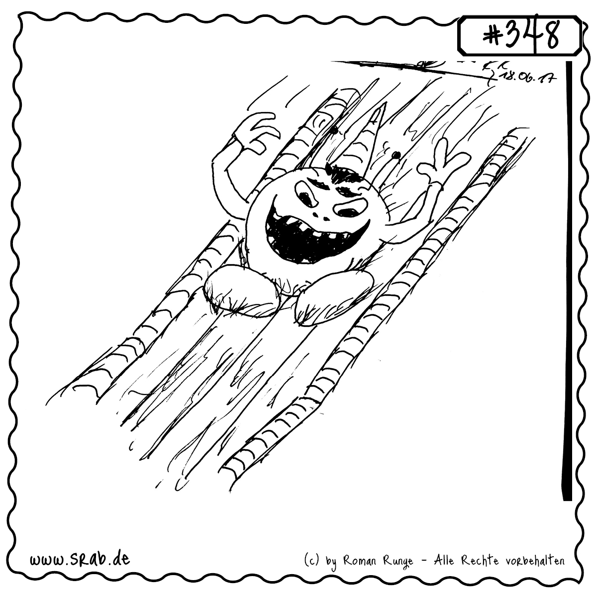 Mit weit aufgerissenem Mund und vor Freude wirbelnden Antennen saust dieser Srab eine Rutsche hinunter – vermutlich eine Wasserrutsche. Das Motiv steht für pures Vergnügen, kindliche Unbeschwertheit und Spaß am Leben. Perfekt für Sommerstimmung, Spielplatzmomente oder einfach, um gute Laune zu verbreiten.