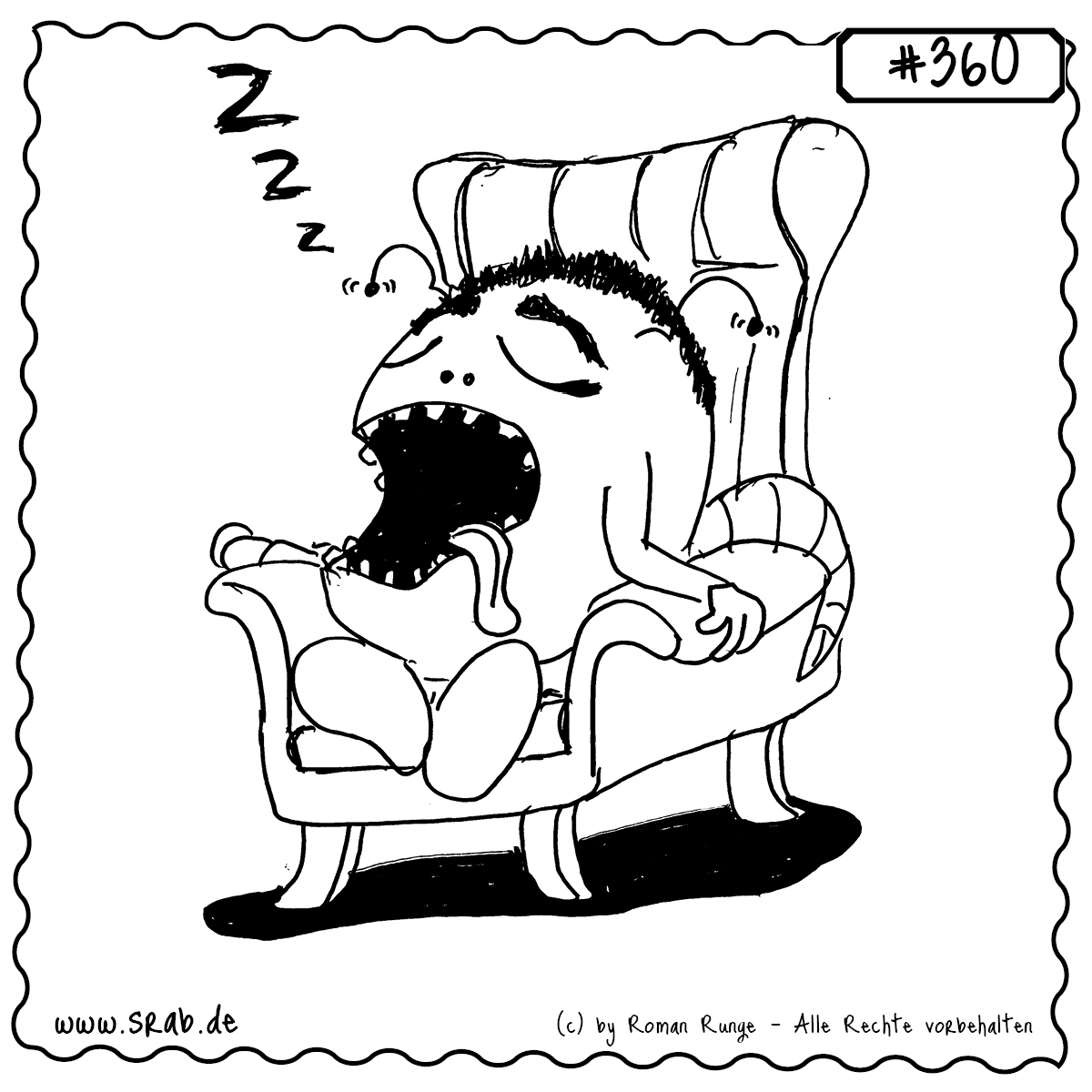 Srab #360 – Schlafen Sessel Muede Ausruhen 1 Dieser Srab hat sich in einen gemütlichen Sessel gefläzt und ist dabei friedlich weggedöst. Die Antennen hängen schlaff, der Mund steht offen und eine Zunge baumelt entspannt heraus – das ultimative Sinnbild für Müdigkeit, Tiefenentspannung und Feierabend-Modus.