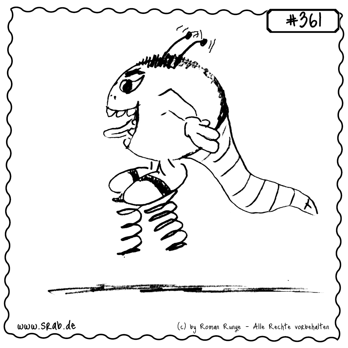 Dieser Srab ist nicht zu bremsen! Mit Sprungfedern an den Füßen hüpft er voller Energie durch die Gegend. Die Zunge weht im Wind, die Antennen zittern vor Schwung – ein echter Energiebündel-Srab, der keine ruhige Sekunde kennt.