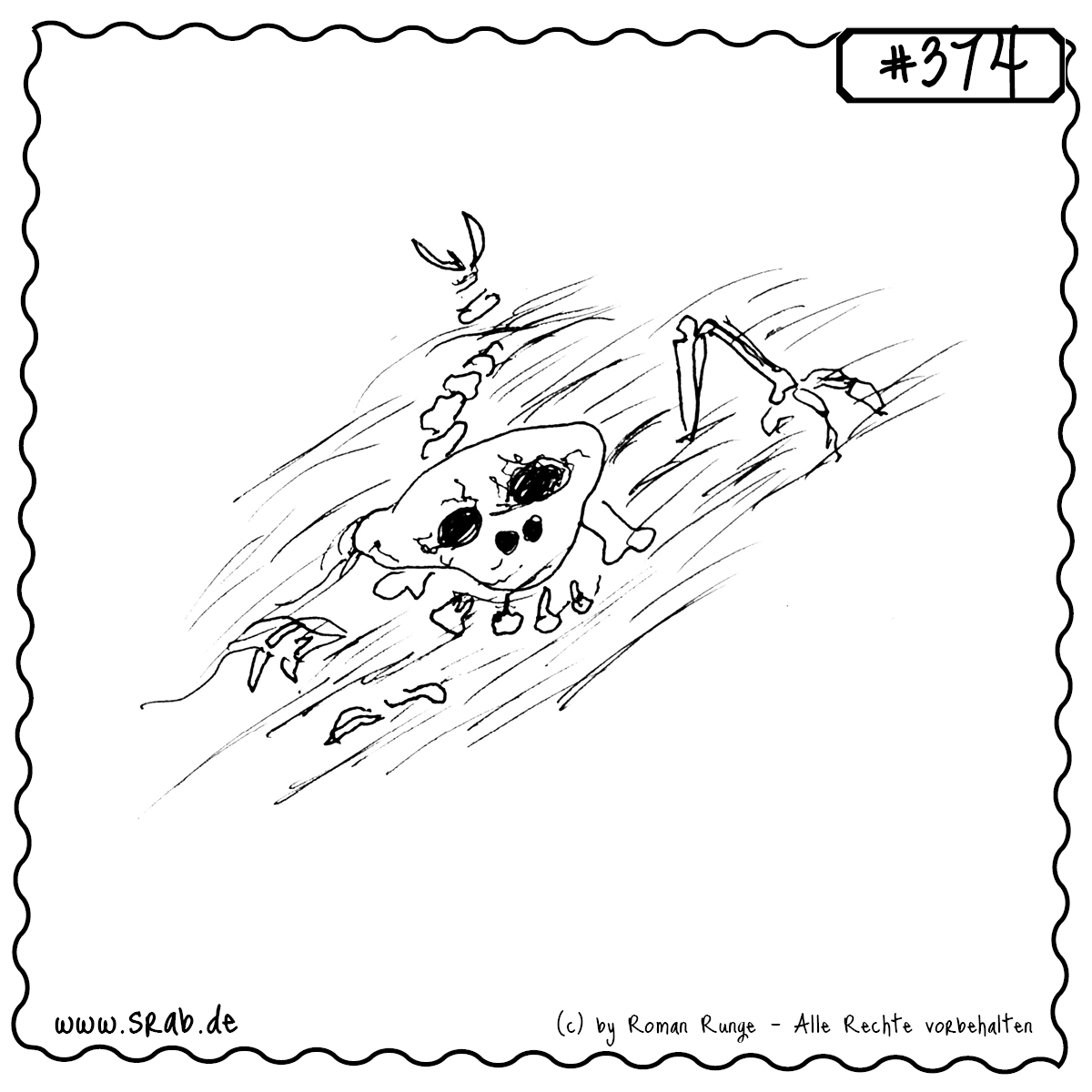 Srab #374 – Skelett Wueste Tot Begraben Staubig 1 Dieser Srab hat seine letzte Ruhestätte mitten in einer staubigen Einöde gefunden – halb begraben, nur noch Knochen und ein letzter, hohläugiger Blick. Zwischen Sandfurchen und Windböen erzählt dieses Motiv von Vergänglichkeit, Hitze und der letzten Reise. Ein skurriles, morbides Bild mit viel Ausdruck.